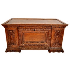 Antique Italian 17th Century Baroque Carved Walnut Cassone Coffer Chest, 1680