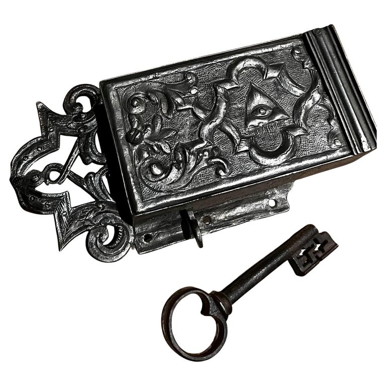 Antique Iron Lock with Old Key, Vintage Security Hardware