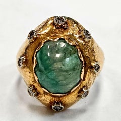 Antique Italian 18 Karat Gold Cabochon Emerald Diamond Textured Ring 6.5