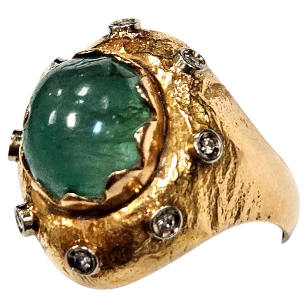 Anello antico italiano in oro 18 carati con smeraldo cabochon e diamante 6,5