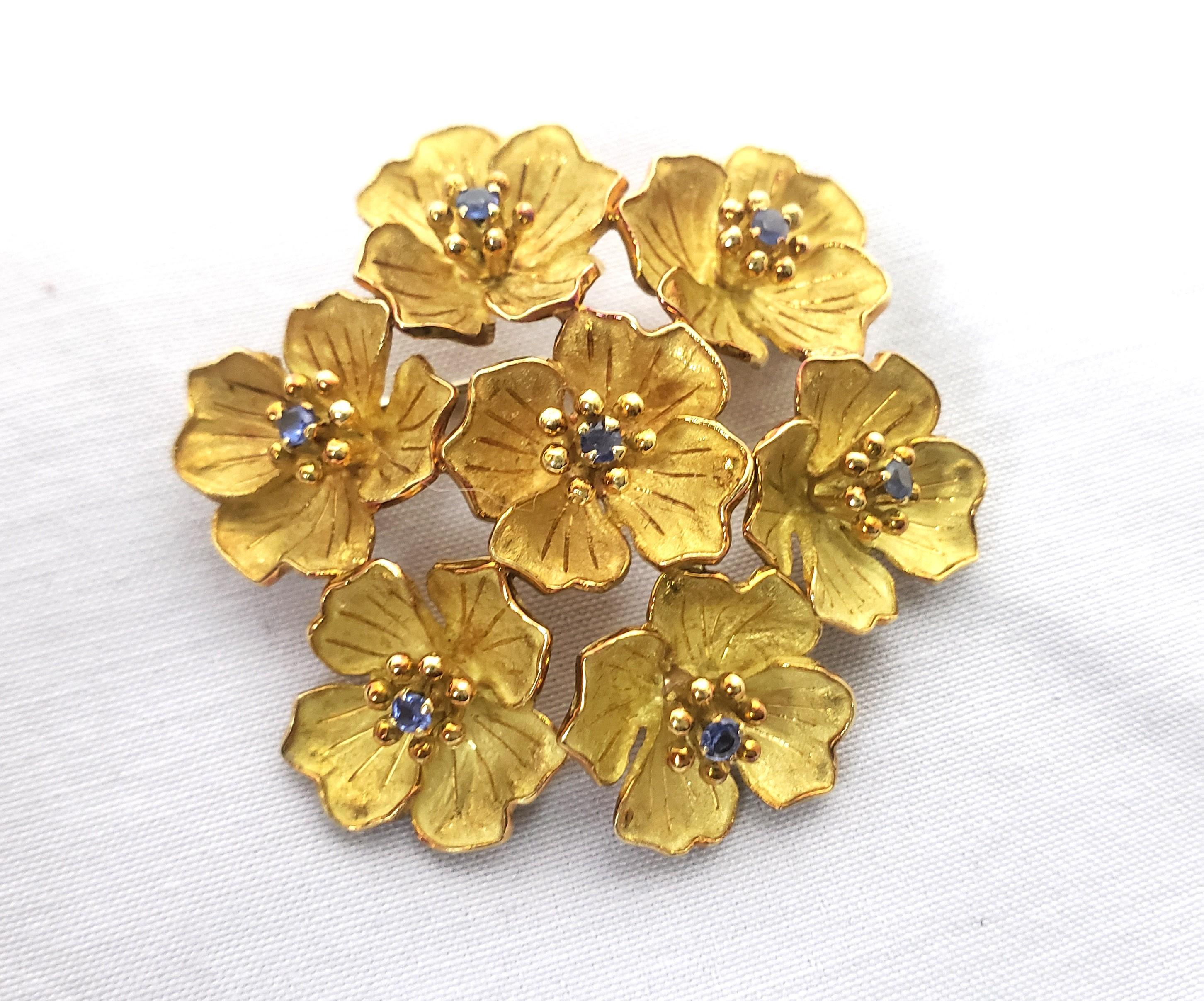 Art Deco Antique Italian 18 Karat Yellow Gold & Saphire Floral Brooch & Earrings Set  For Sale