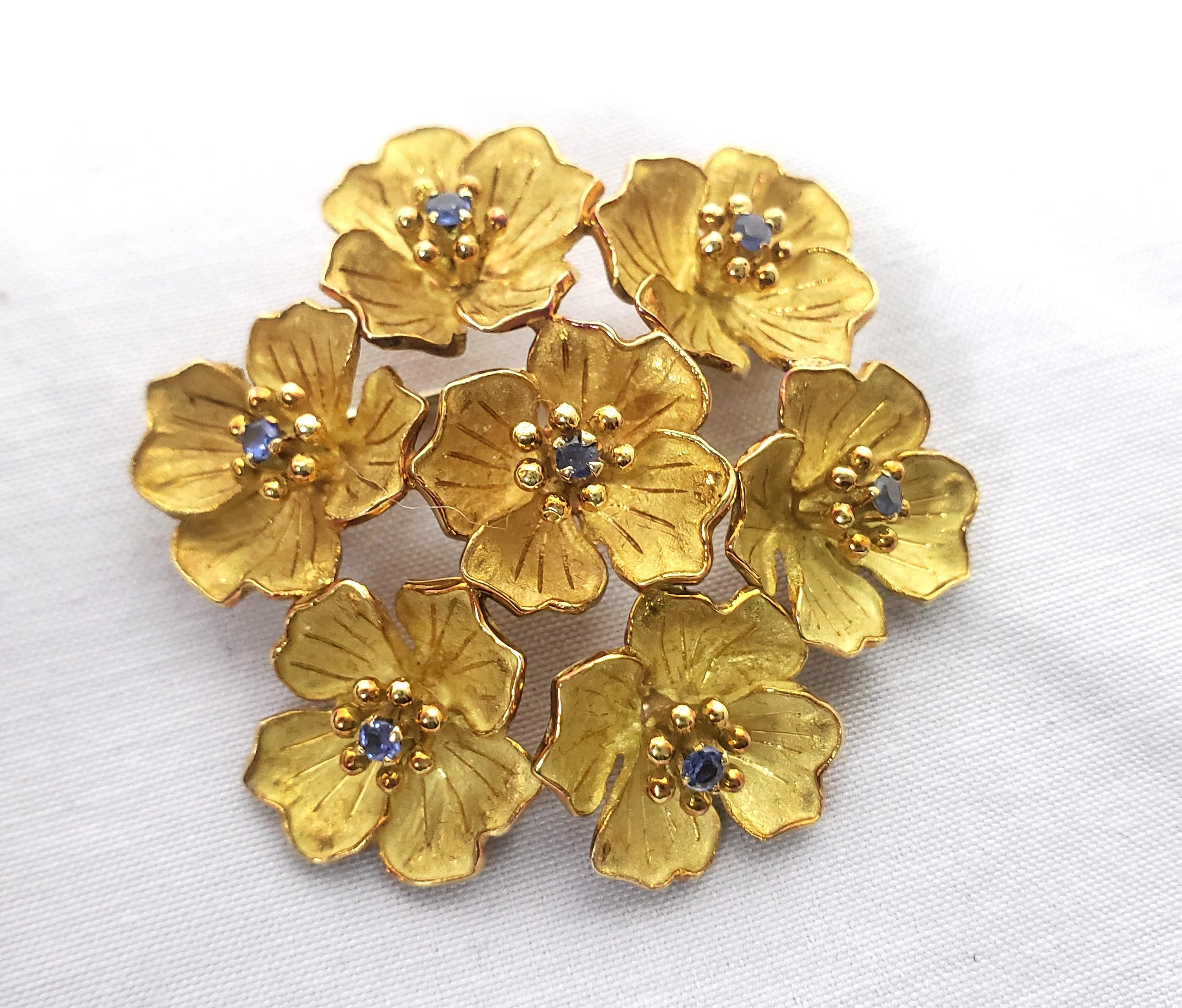 Hand-Crafted Antique Italian 18 Karat Yellow Gold & Saphire Floral Brooch & Earrings Set  For Sale