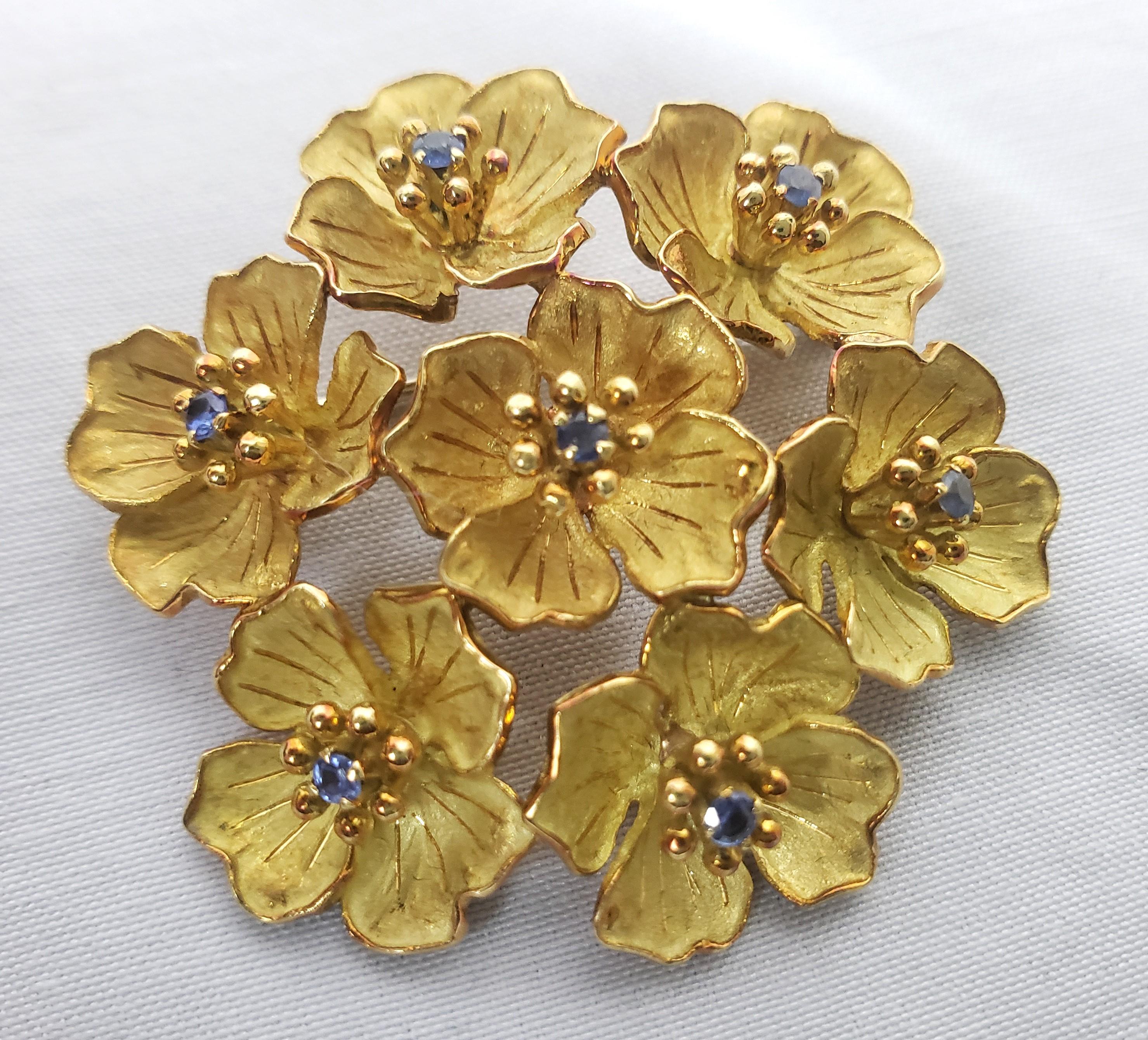 Antique Italian 18 Karat Yellow Gold & Saphire Floral Brooch & Earrings Set  In Good Condition For Sale In Hamilton, Ontario