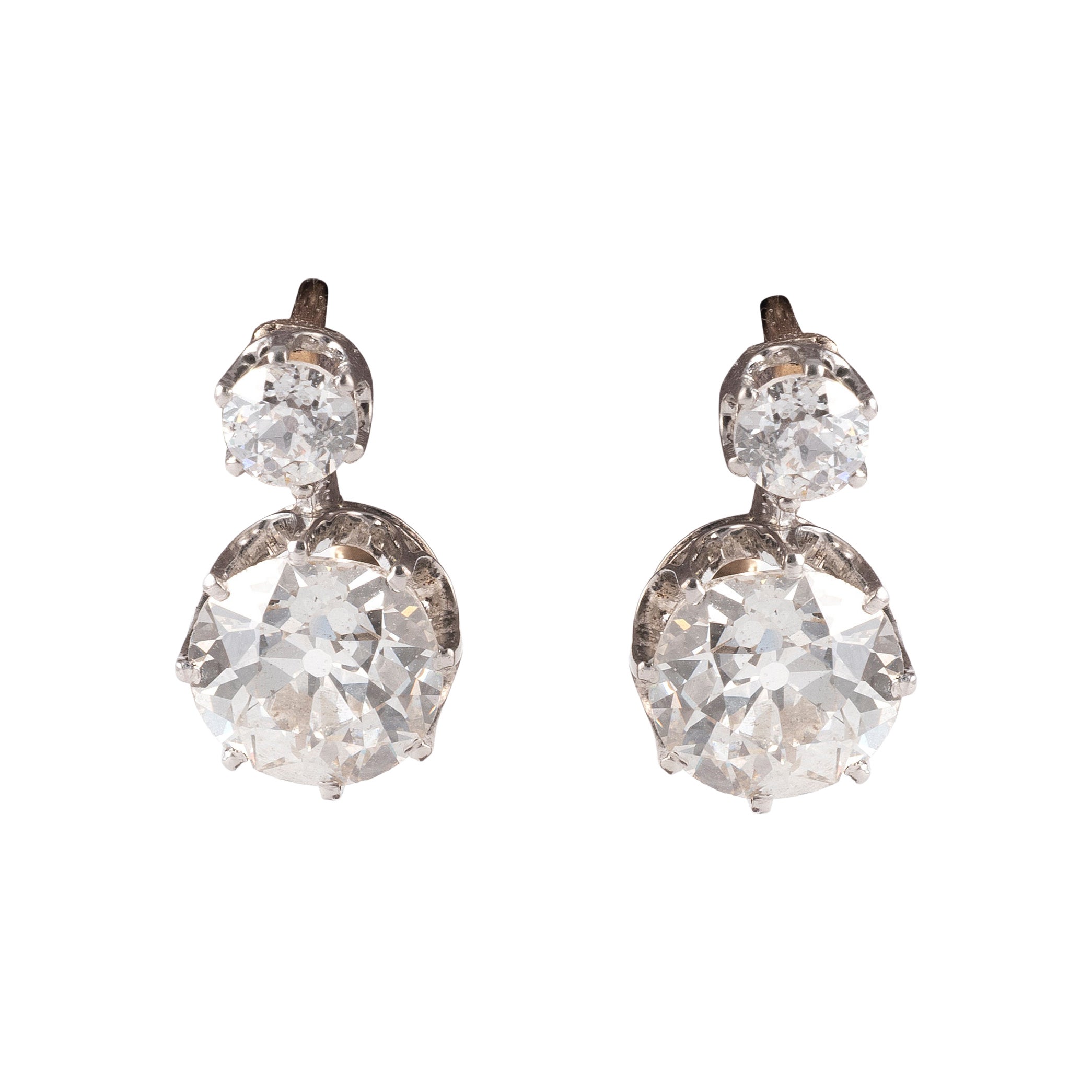 Antique Italian 18K Gold & Platinum 2.60 Carat Old-Cut Diamond Earrings, c. 1900