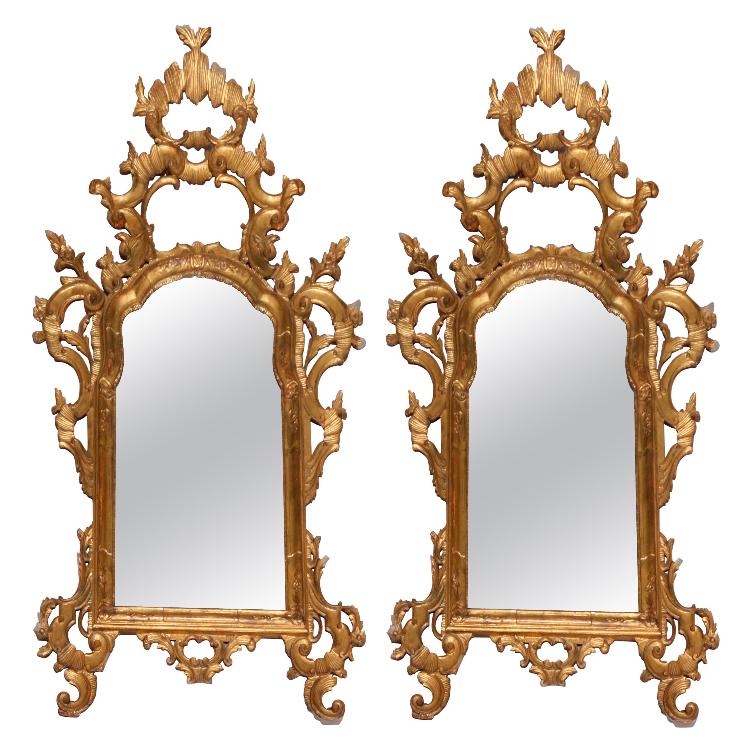 Monumental Antique Italian 18th Century Baroque Giltwood Over Mantel Mirrors