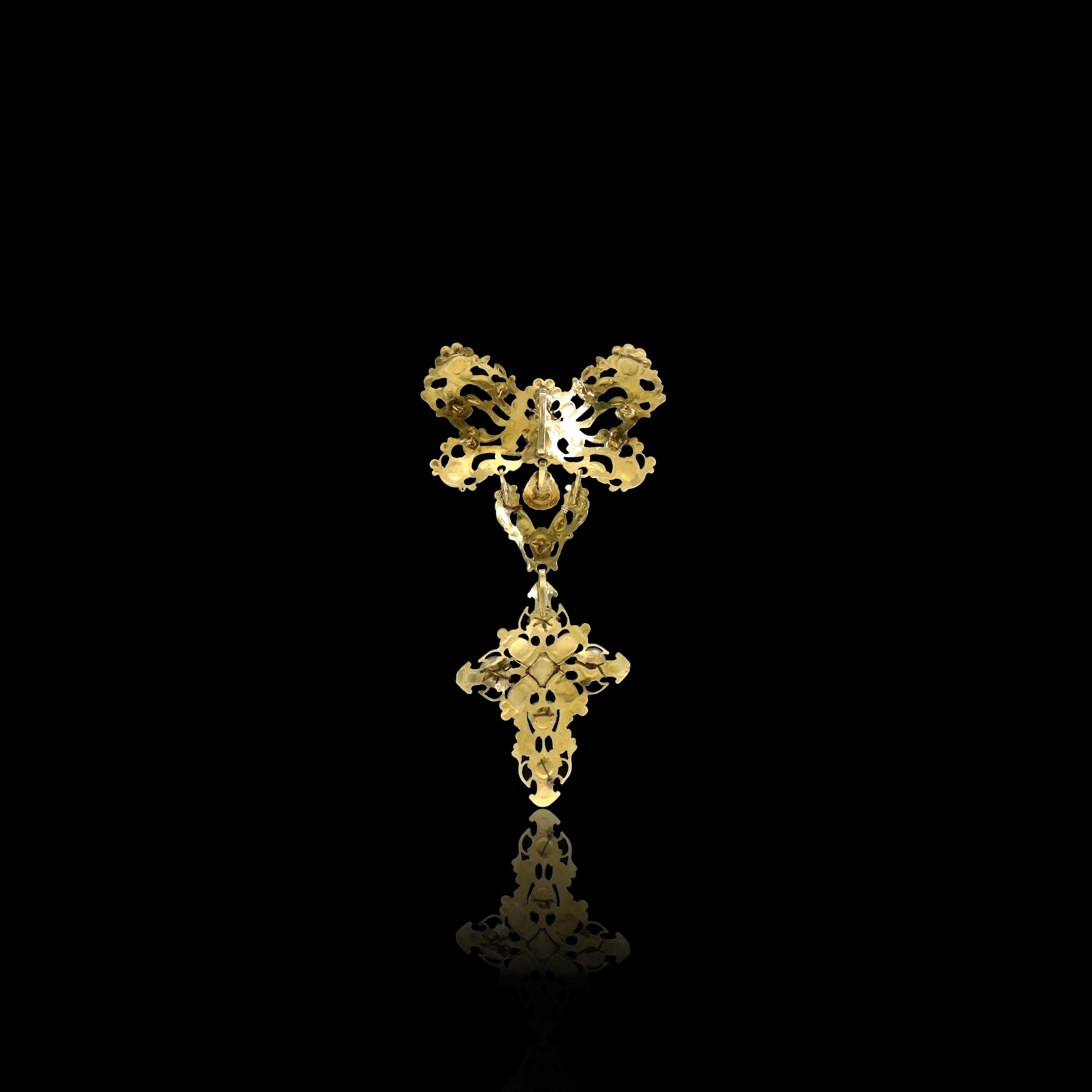 Oval Cut Antique Italian 18th Century Bow Perl Garnet Necklace, Georgian Era Rococo Bow For Sale