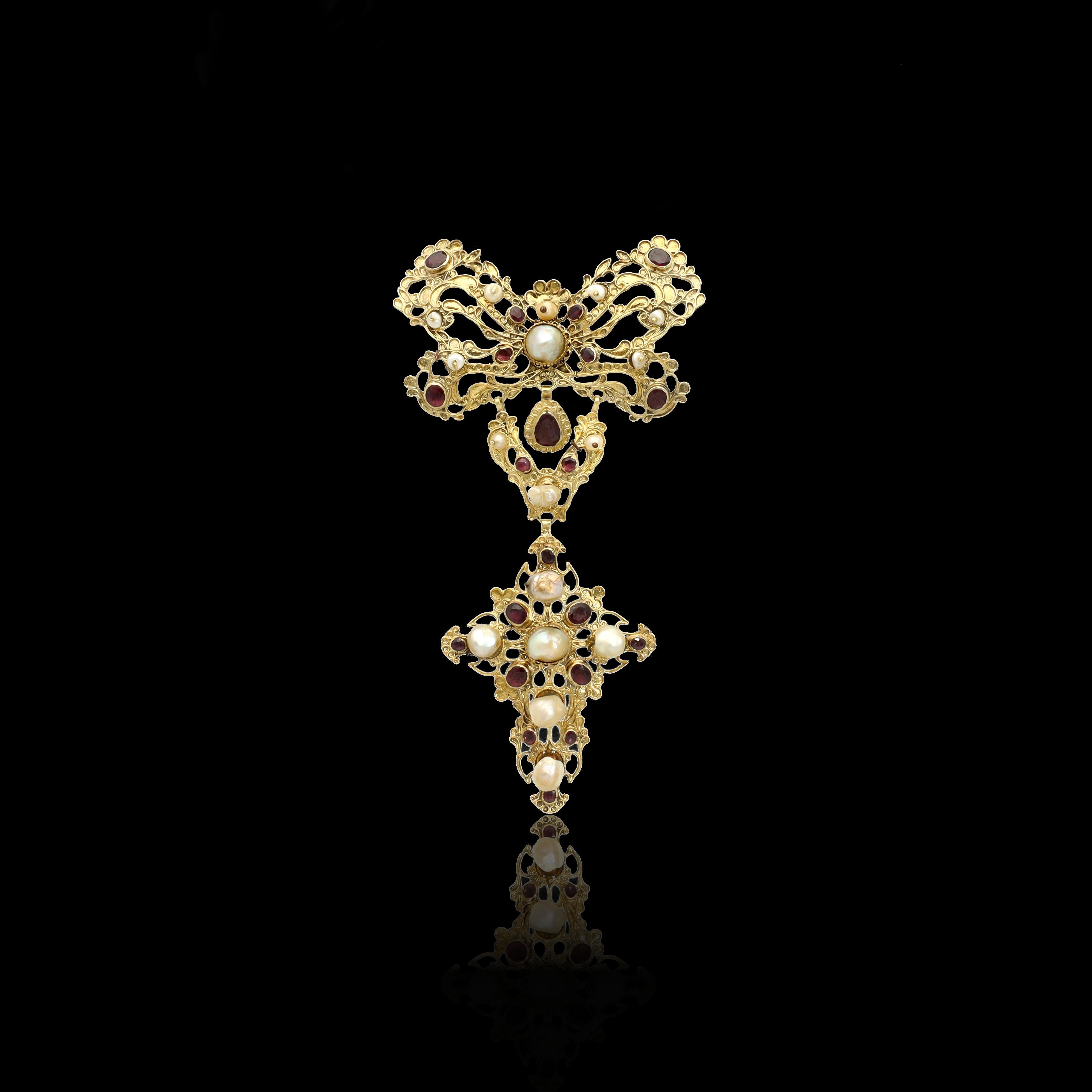Women's Antique Italian 18th Century Bow Perl Garnet Necklace, Georgian Era Rococo Bow For Sale