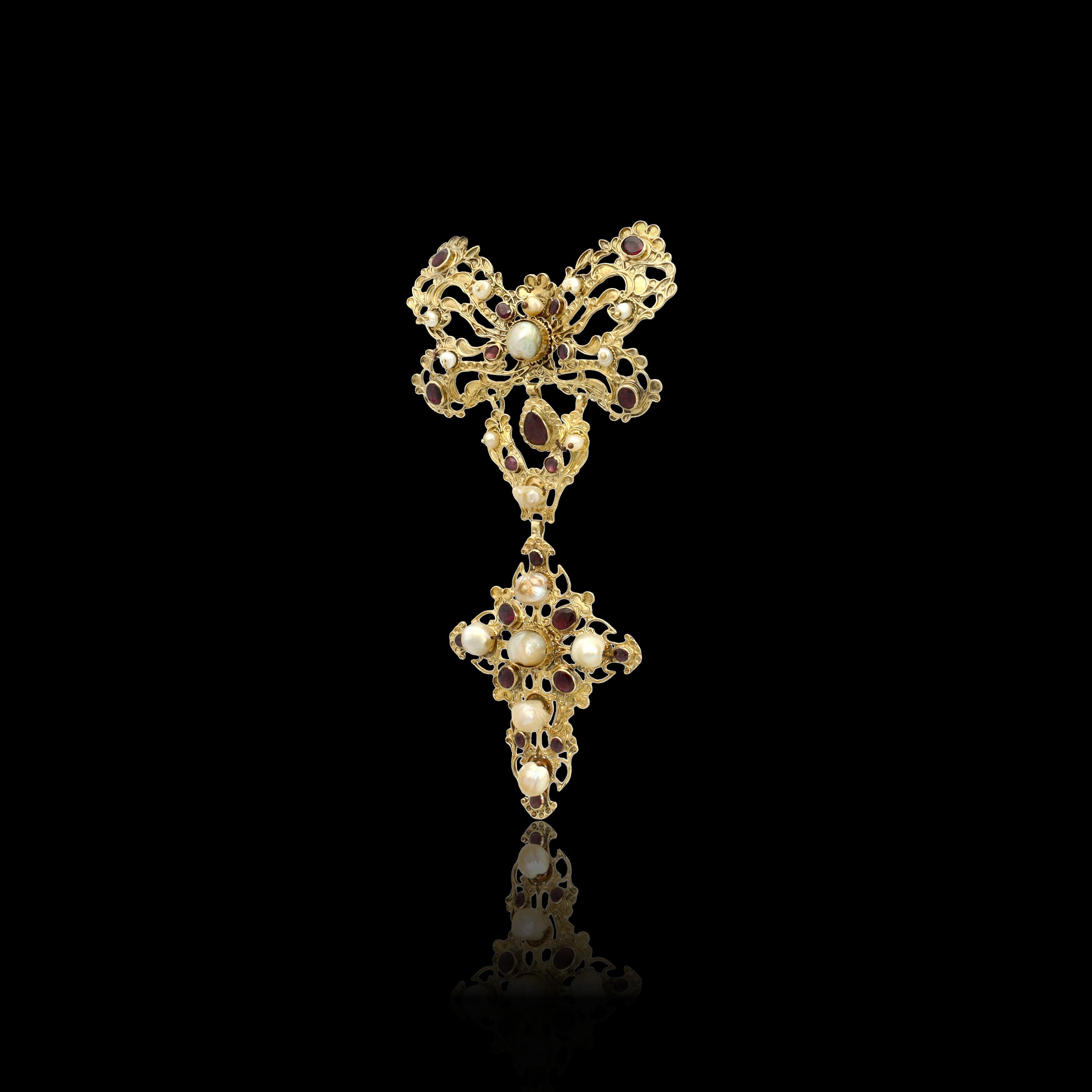 Antique Italian 18th Century Bow Perl Garnet Necklace, Georgian Era Rococo Bow For Sale 1