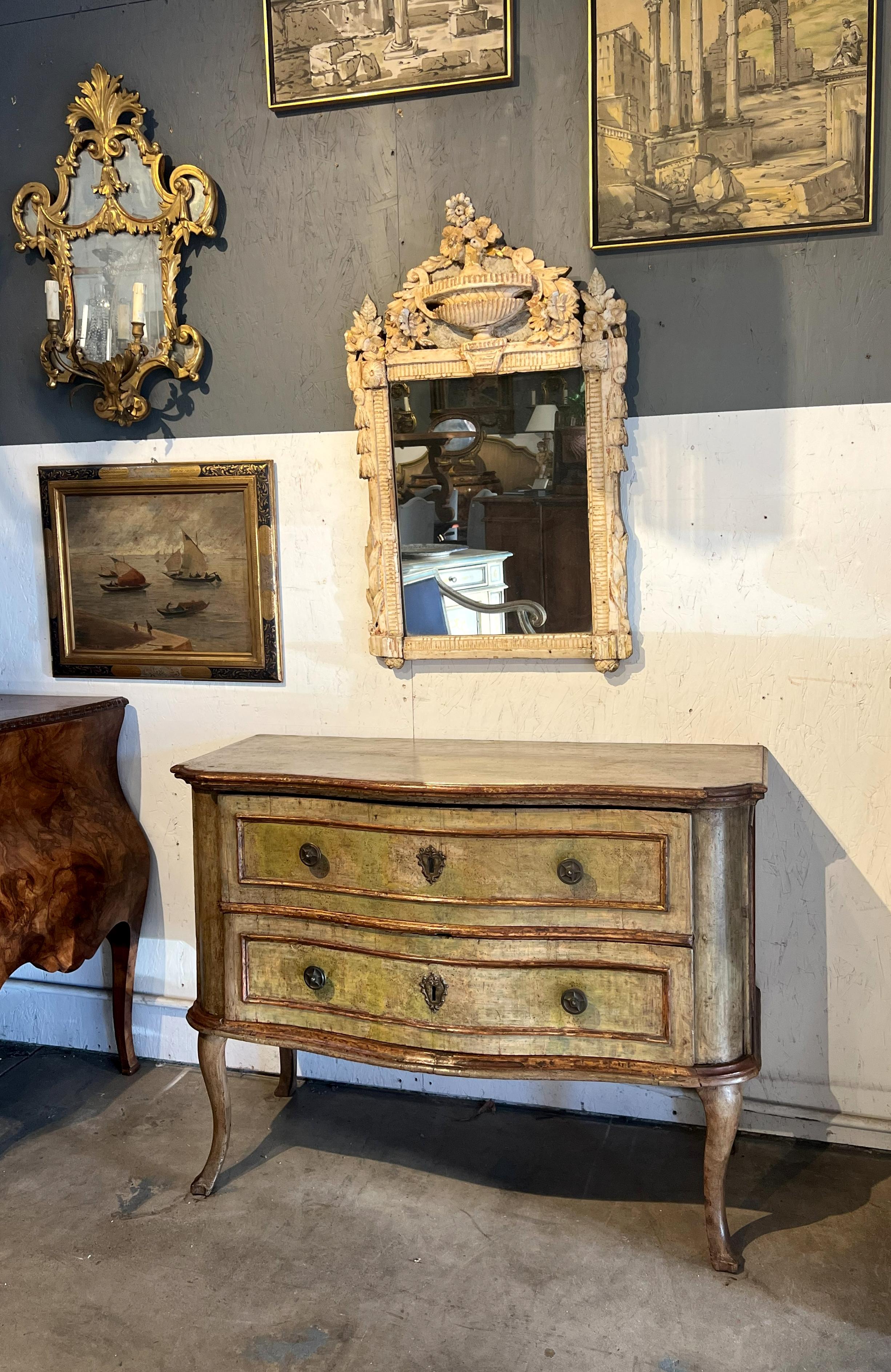 Gilt Antique Italian 18th Century Hand Painted Louis XV Chest of Drawers Marchigiano  For Sale