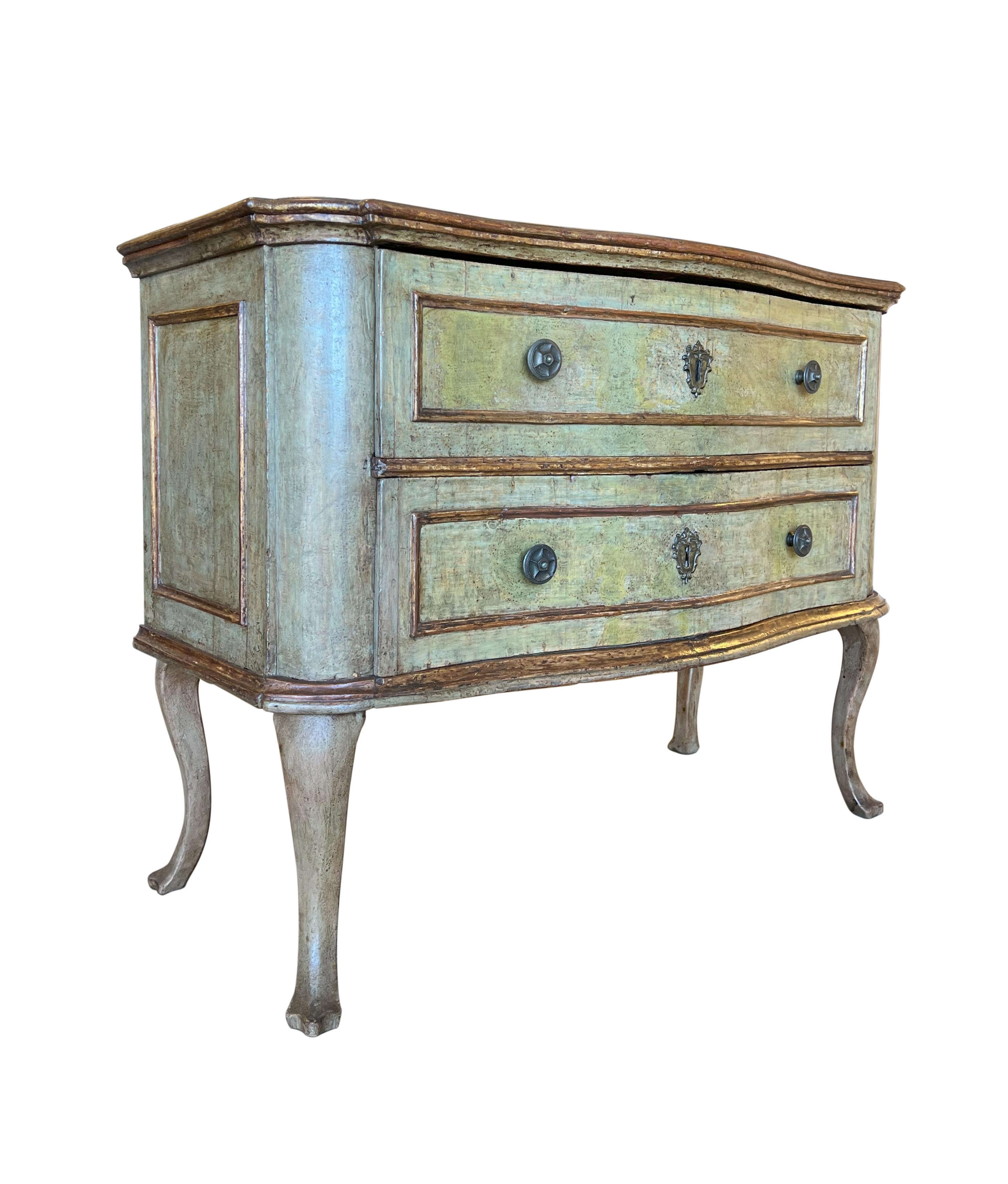 Fruitwood Antique Italian 18th Century Hand Painted Louis XV Chest of Drawers Marchigiano  For Sale