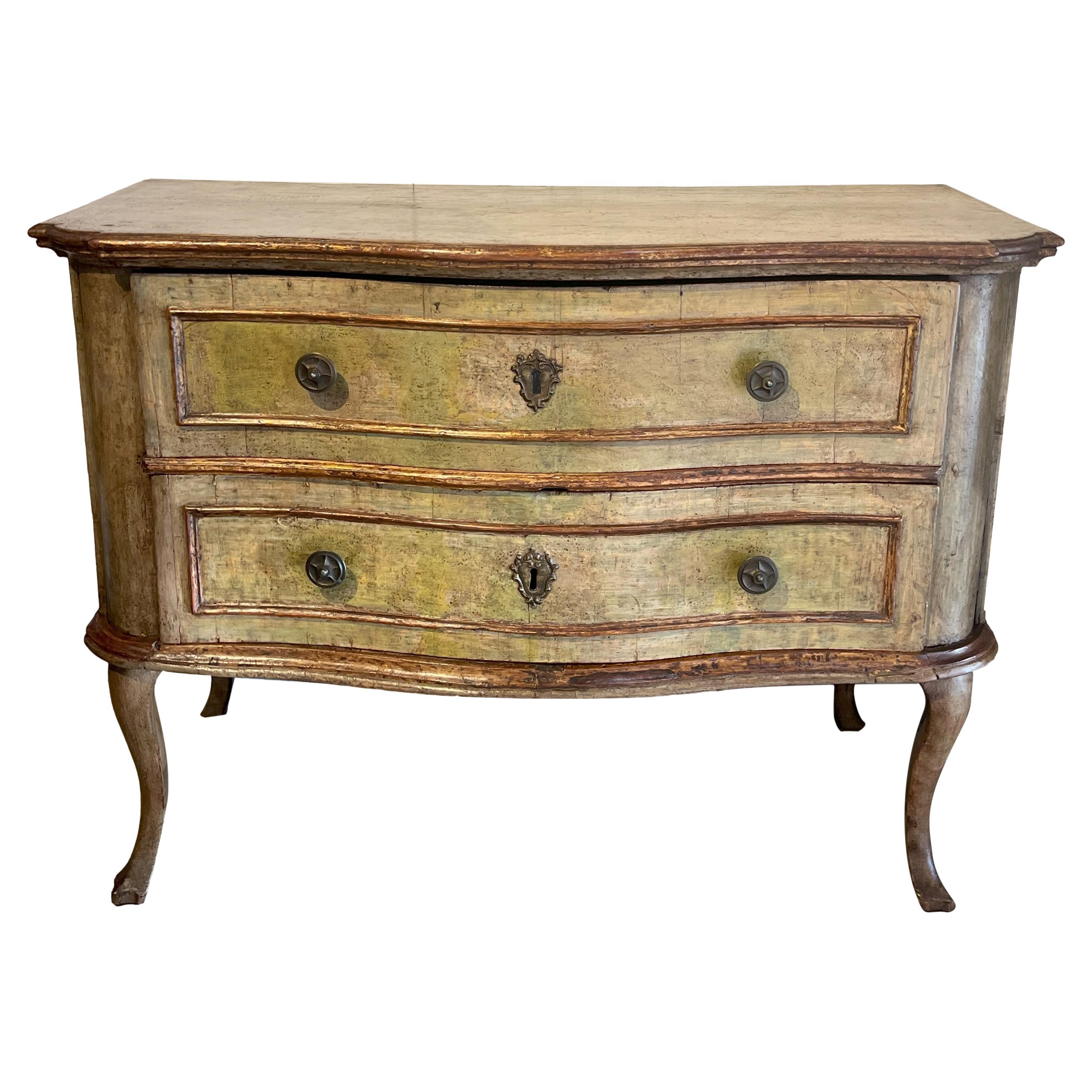 Ancienne commode italienne Louis XV du 18ème siècle peinte à la main Marchigiano 