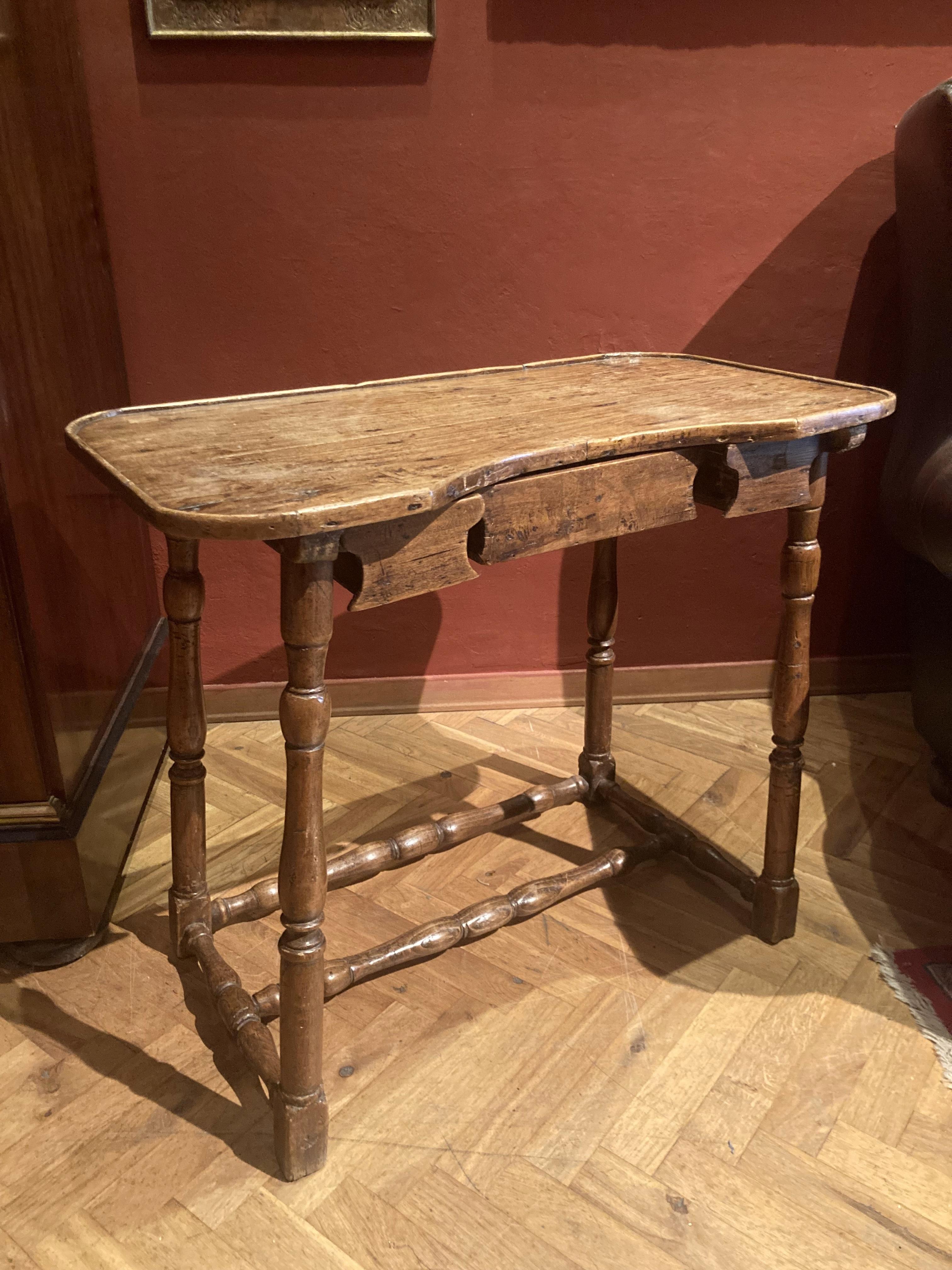 Hand-Crafted Antique Italian 18th Century Rustic Baroque Wood Side Table with Turned Legs  For Sale