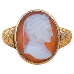 Bague de signalisation italienne ancienne du 19ème siècle avec camée en coquillage fin de Dante Alighieri 