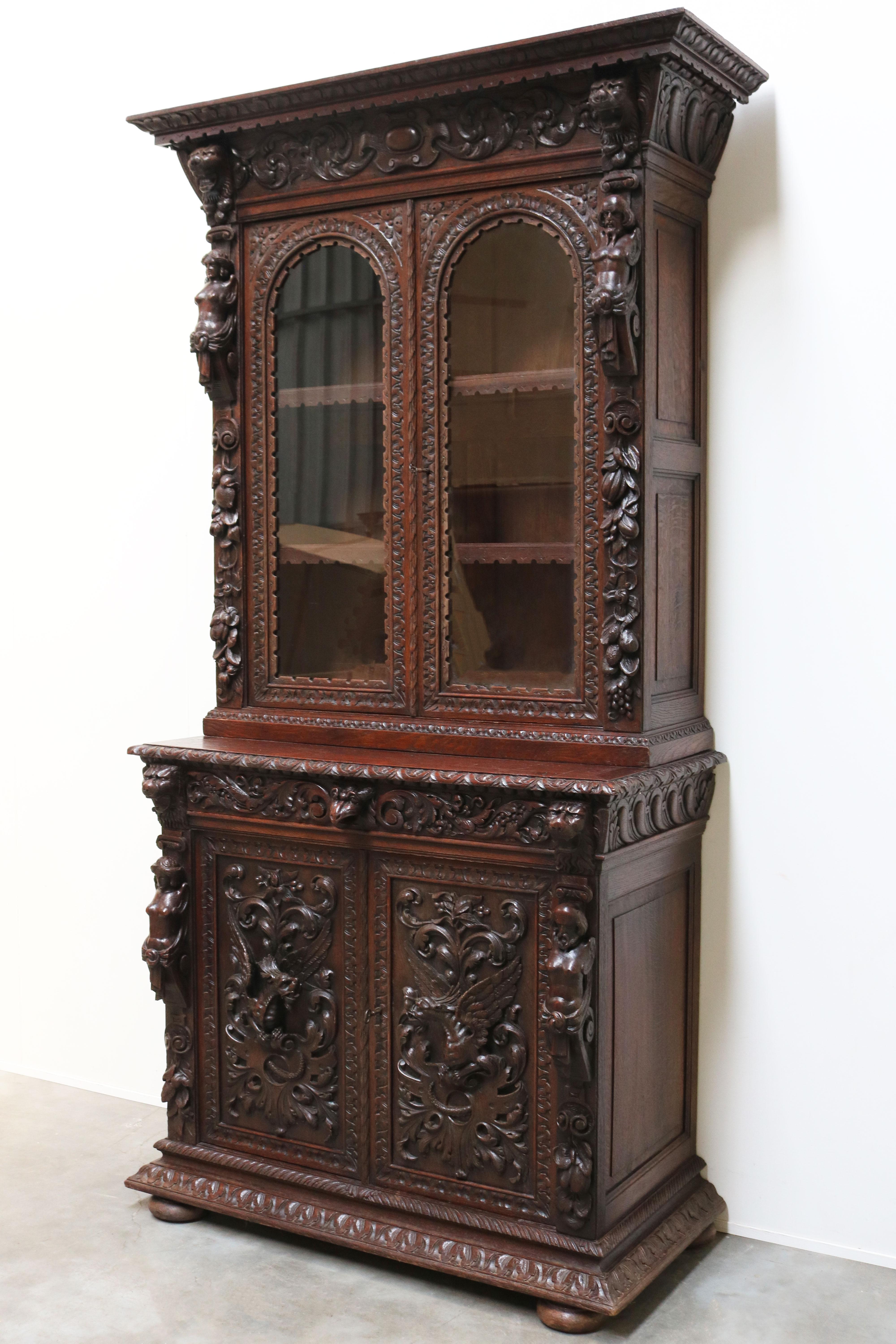 Glass Antique Italian 19th Century Renaissance Revival Bookcase / Display Cabinet Oak For Sale