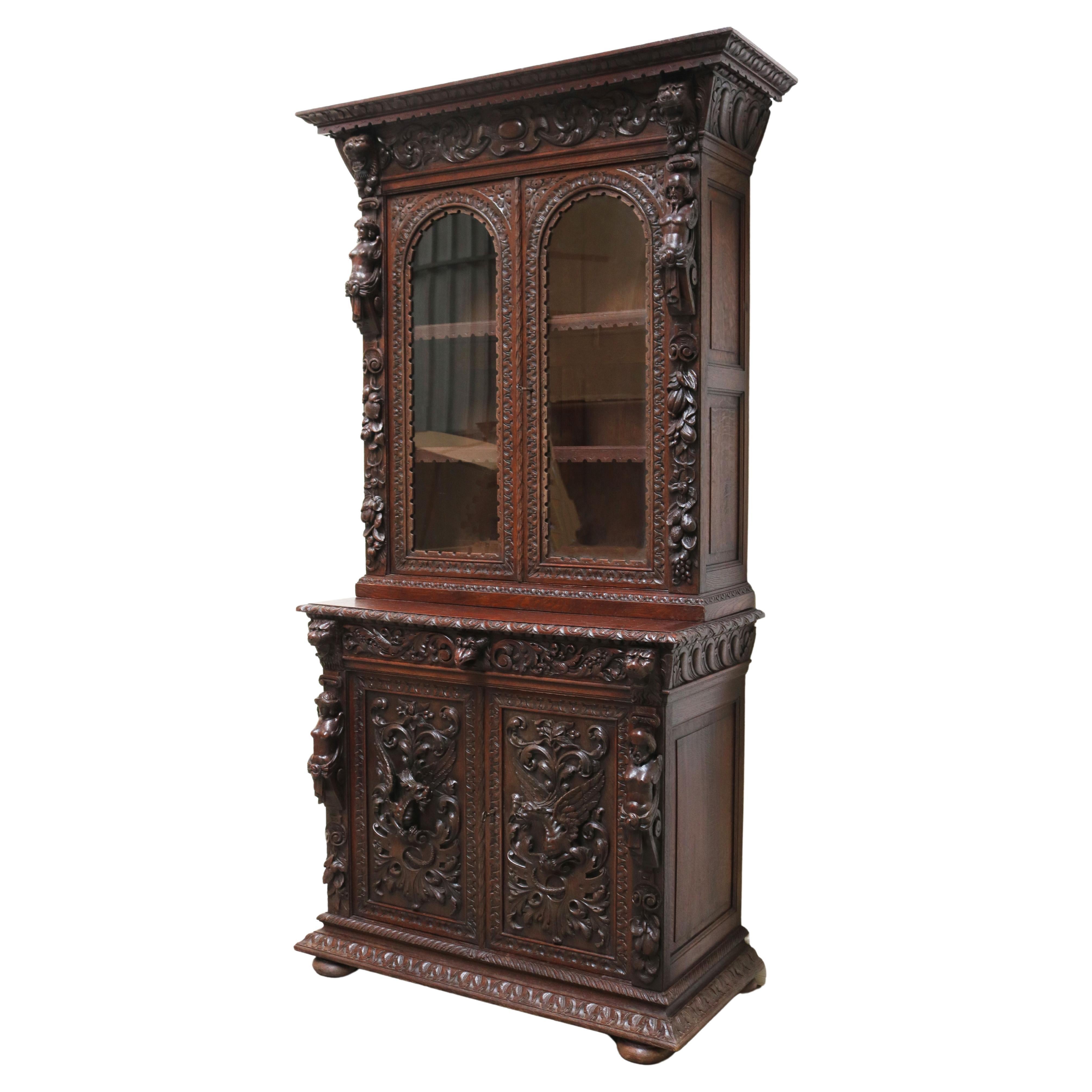 Antique Italian 19th Century Renaissance Revival Bookcase / Display Cabinet Oak For Sale