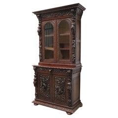 Ancienne bibliothèque / vitrine italienne néo-Renaissance du 19ème siècle en chêne