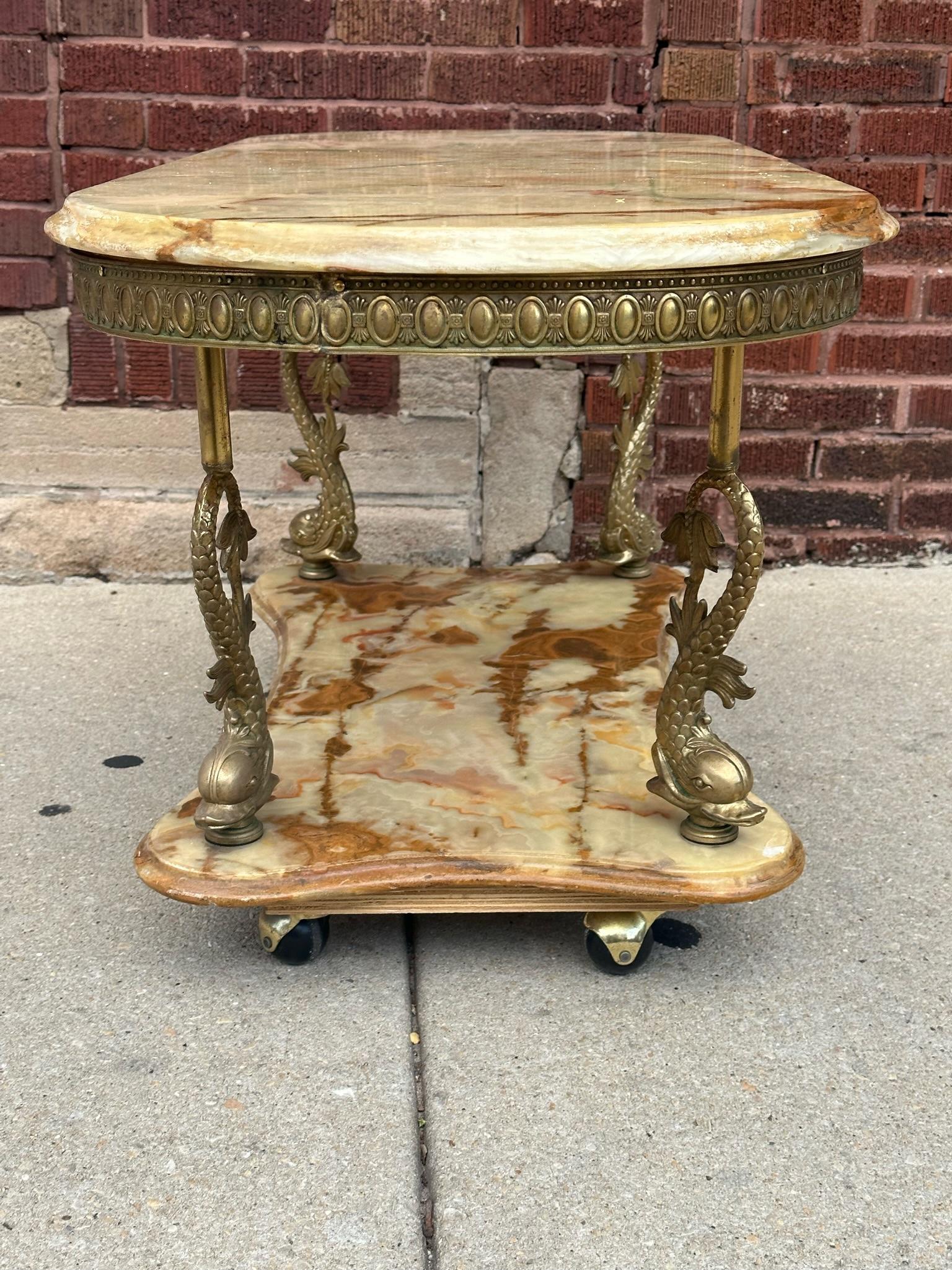Art Nouveau Antique Italian 2 Tier Onyx and Figural Koi Fish Sculpted Brass Coffee Table