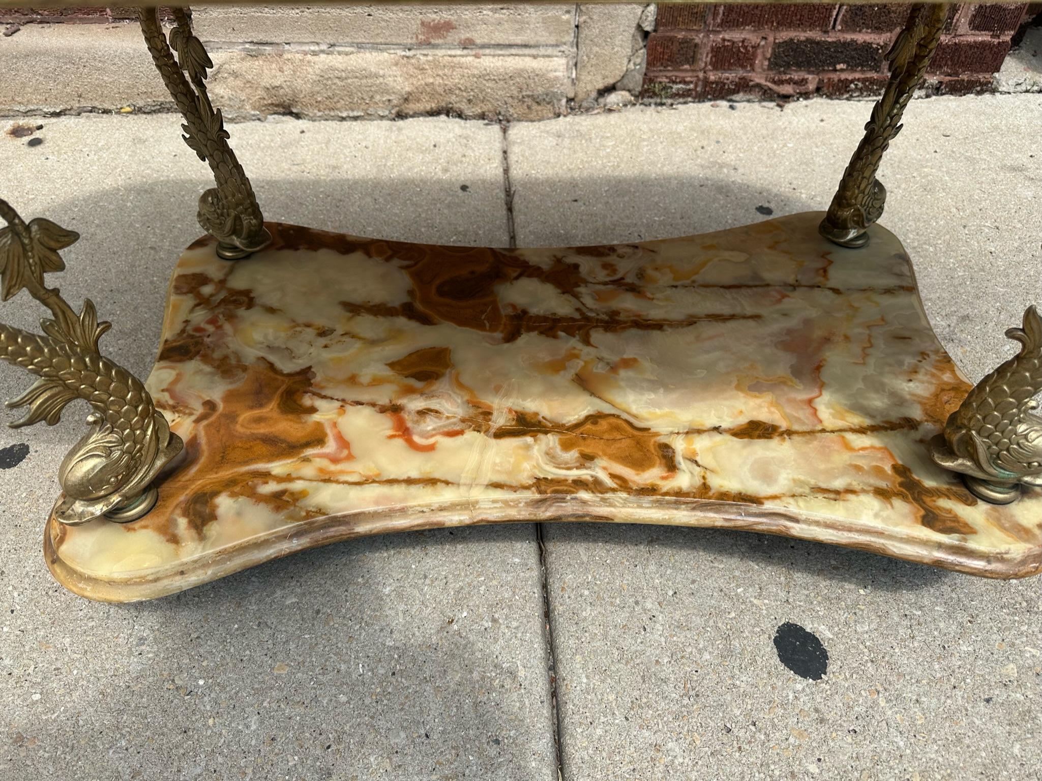 Antique Italian 2 Tier Onyx and Figural Koi Fish Sculpted Brass Coffee Table 1