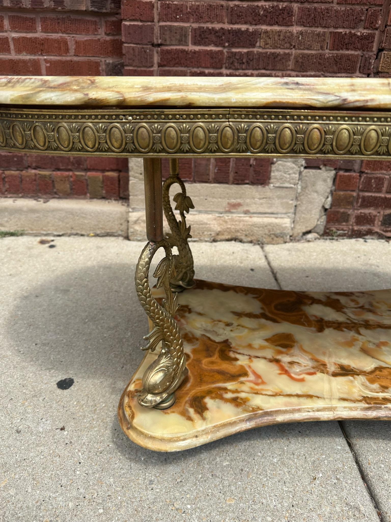 Antique Italian 2 Tier Onyx and Figural Koi Fish Sculpted Brass Coffee Table 2