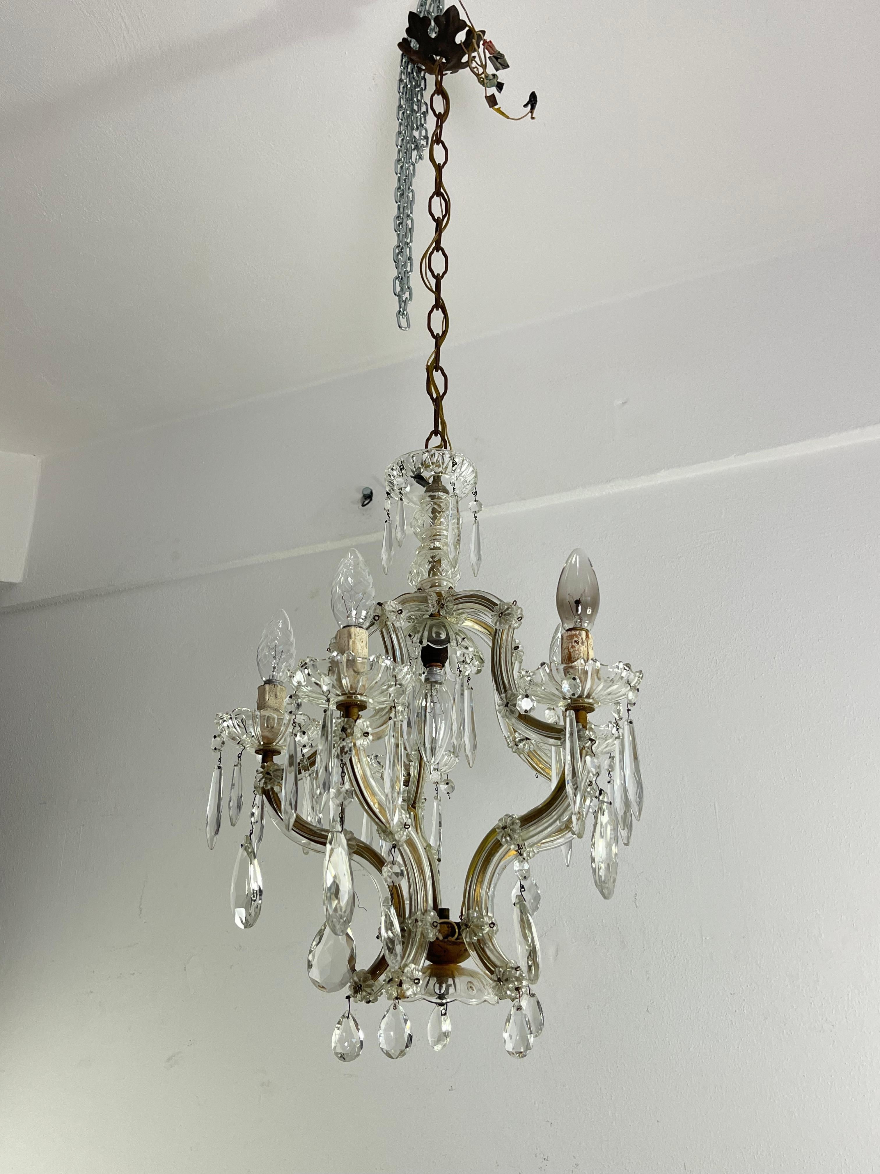 Antique Italian 5-Light Mid-Century Crystal Chandelier, 1950s In Good Condition For Sale In Palermo, IT
