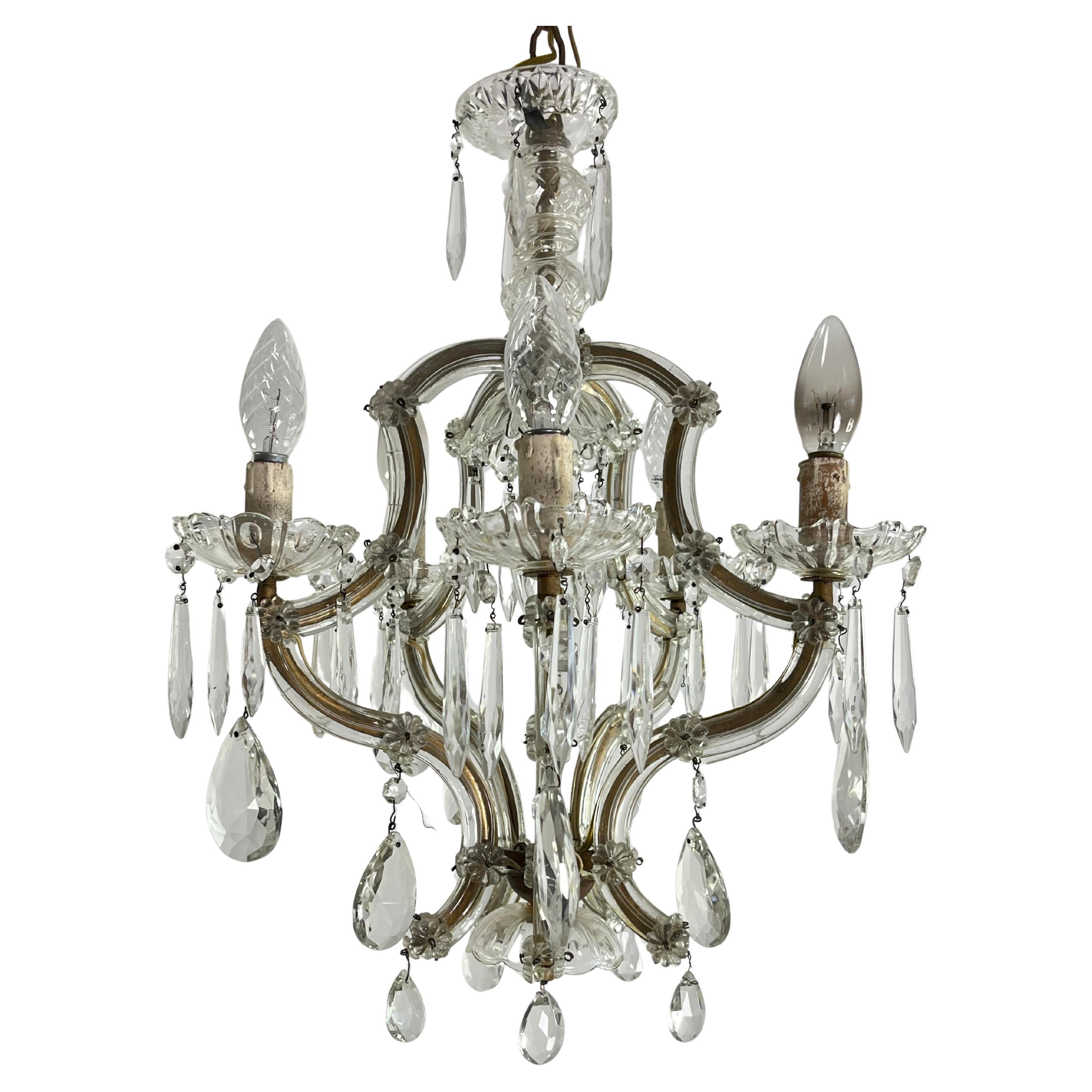 Antique Italian 5-Light Mid-Century Crystal Chandelier, 1950s For Sale