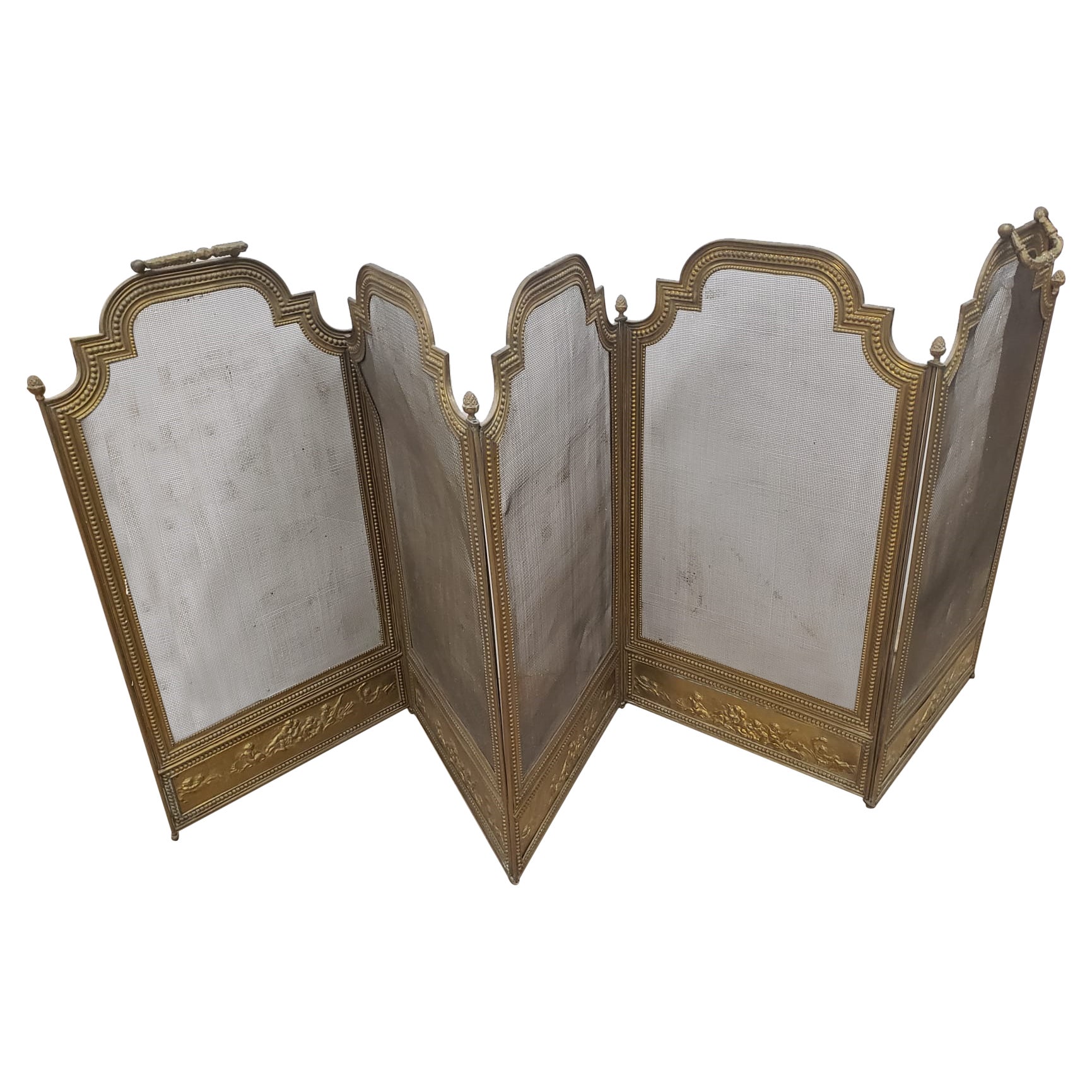 Antico paravento italiano a 5 pannelli in ottone ornato per caminetto, circa 1890 in vendita