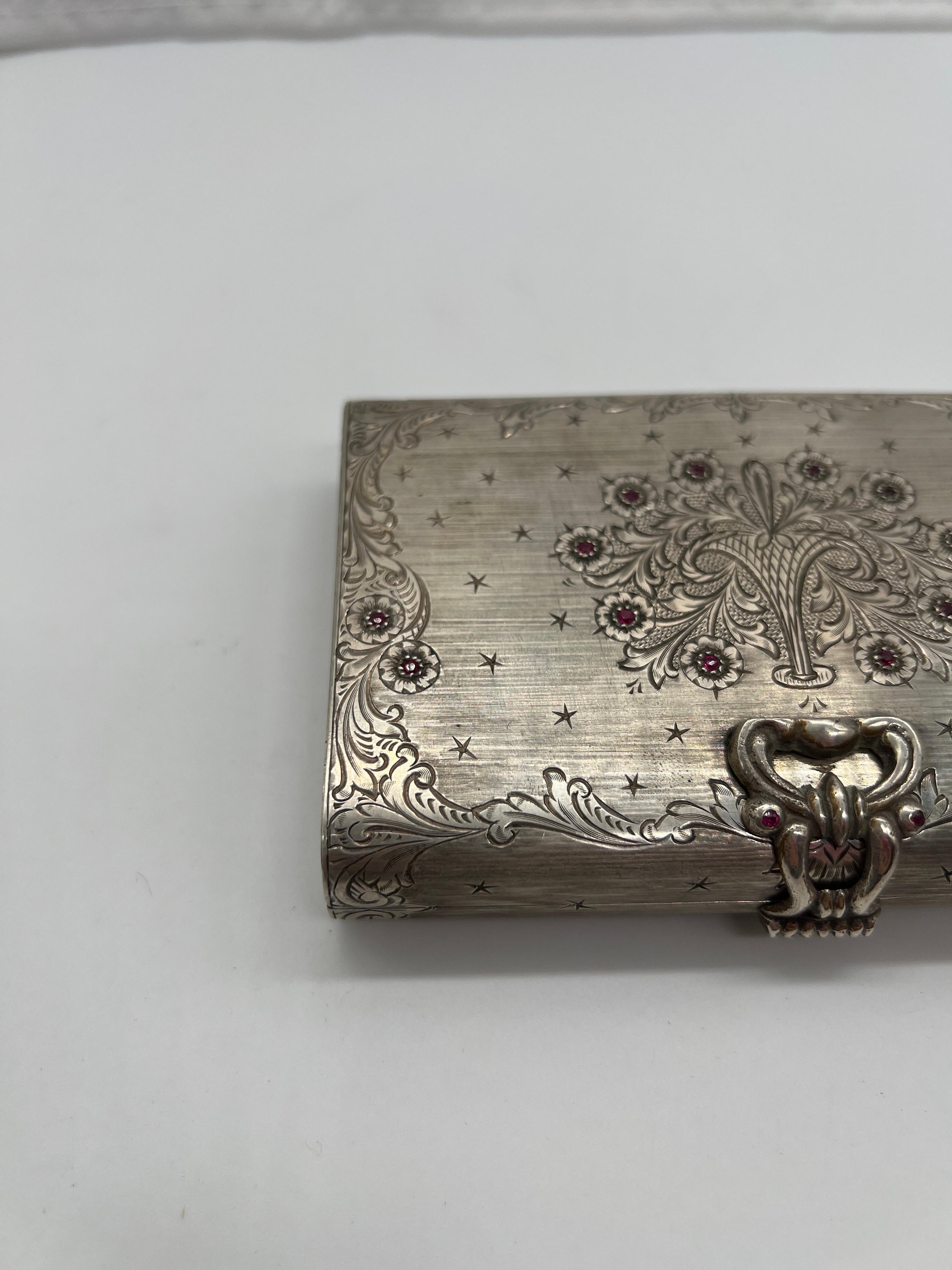 Art Deco Antique Italian 800 Hand Chased Silver & Ruby Inset Minaudière Vanity Case For Sale