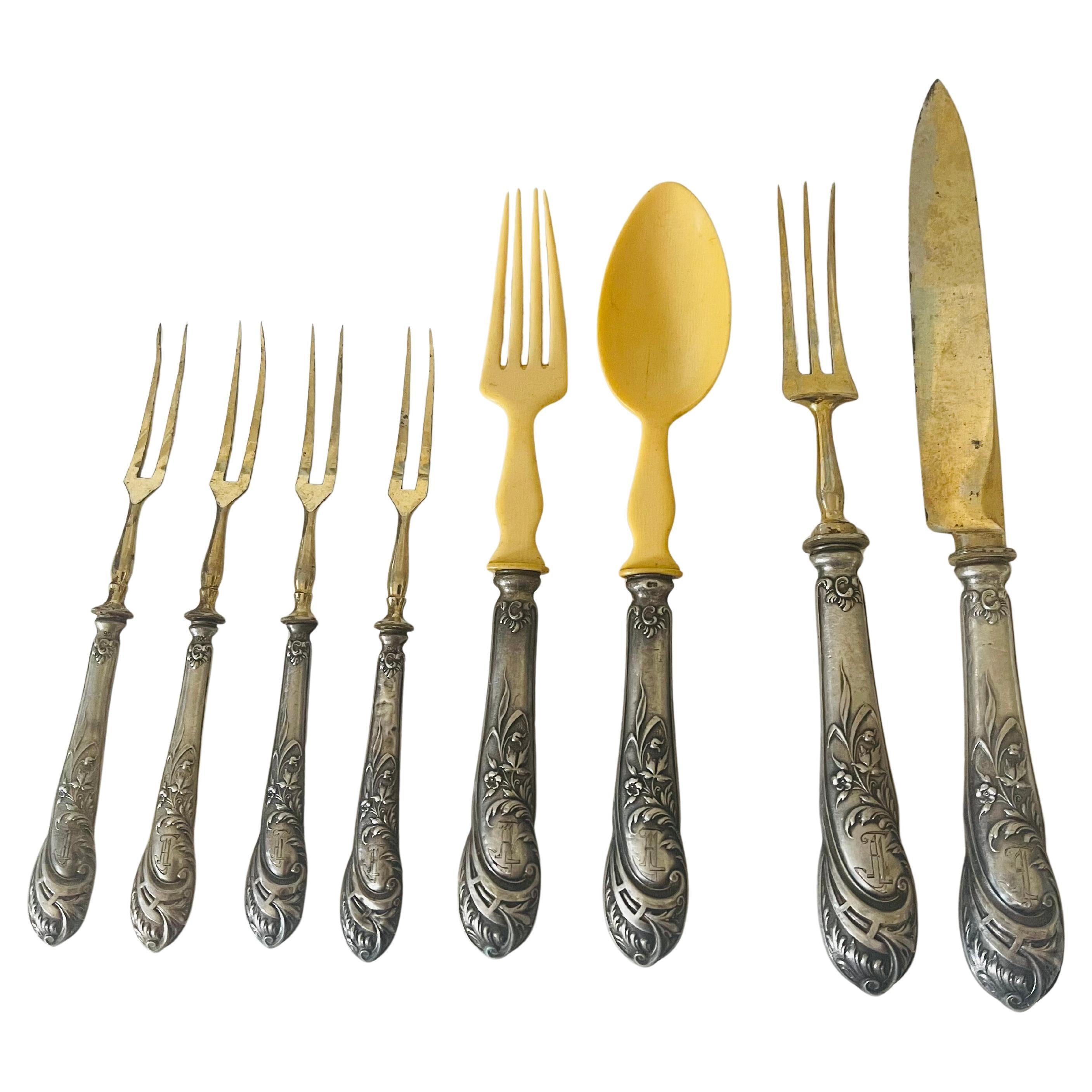 Antico set d'argento da intaglio 800 italiano, posate Art Carved