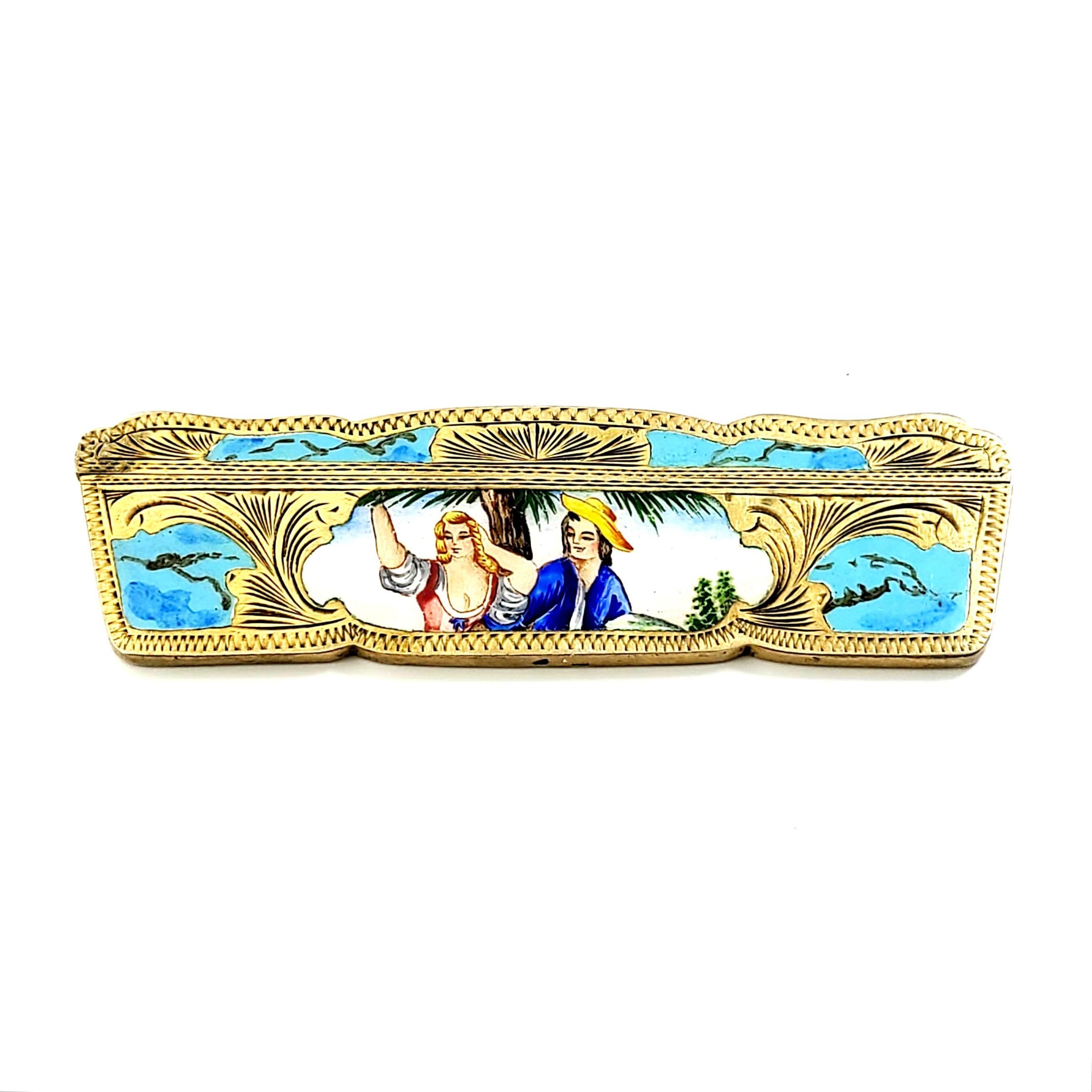 Antique Italian 800 silver with gold vermeil and hand painted enamel comb.

Beautiful gold vermeil over 800 silver, featuring an etched scroll design. Hand painted Italian lovers scene on one side, with painted faux turquoise details. Tortoise