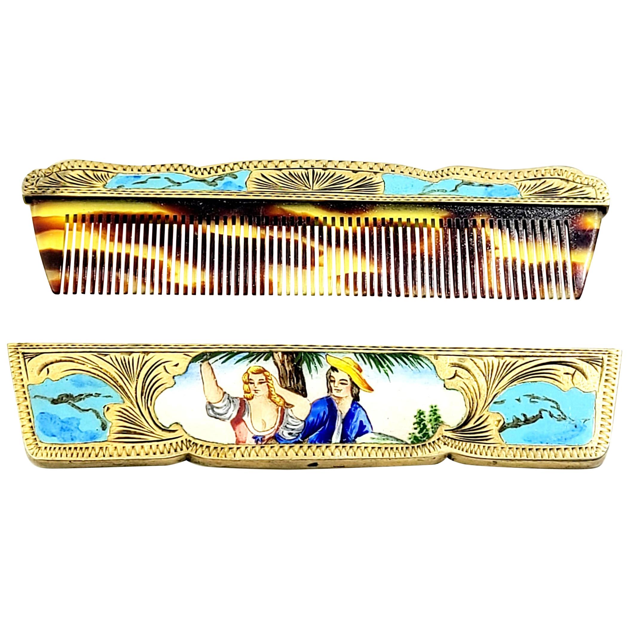 Antique Italian 800 Silver Gold Vermeil Hand Painted Enamel Comb