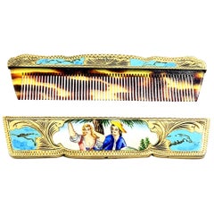 Antique Italian 800 Silver Gold Vermeil Hand Painted Enamel Comb