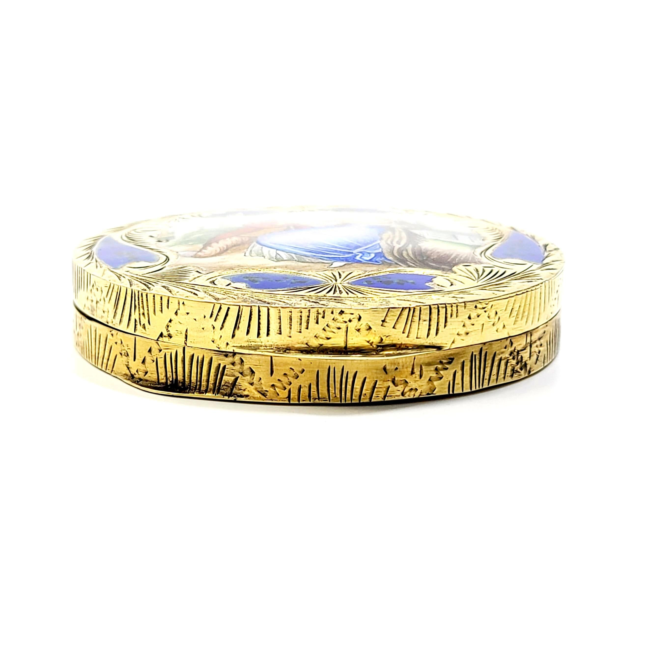 Antique Italian 800 Silver Gold Vermeil Hand Painted Enamel Round Compact In Good Condition For Sale In Washington Depot, CT
