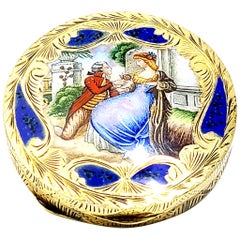 Antique Italian 800 Silver Gold Vermeil Hand Painted Enamel Round Compact
