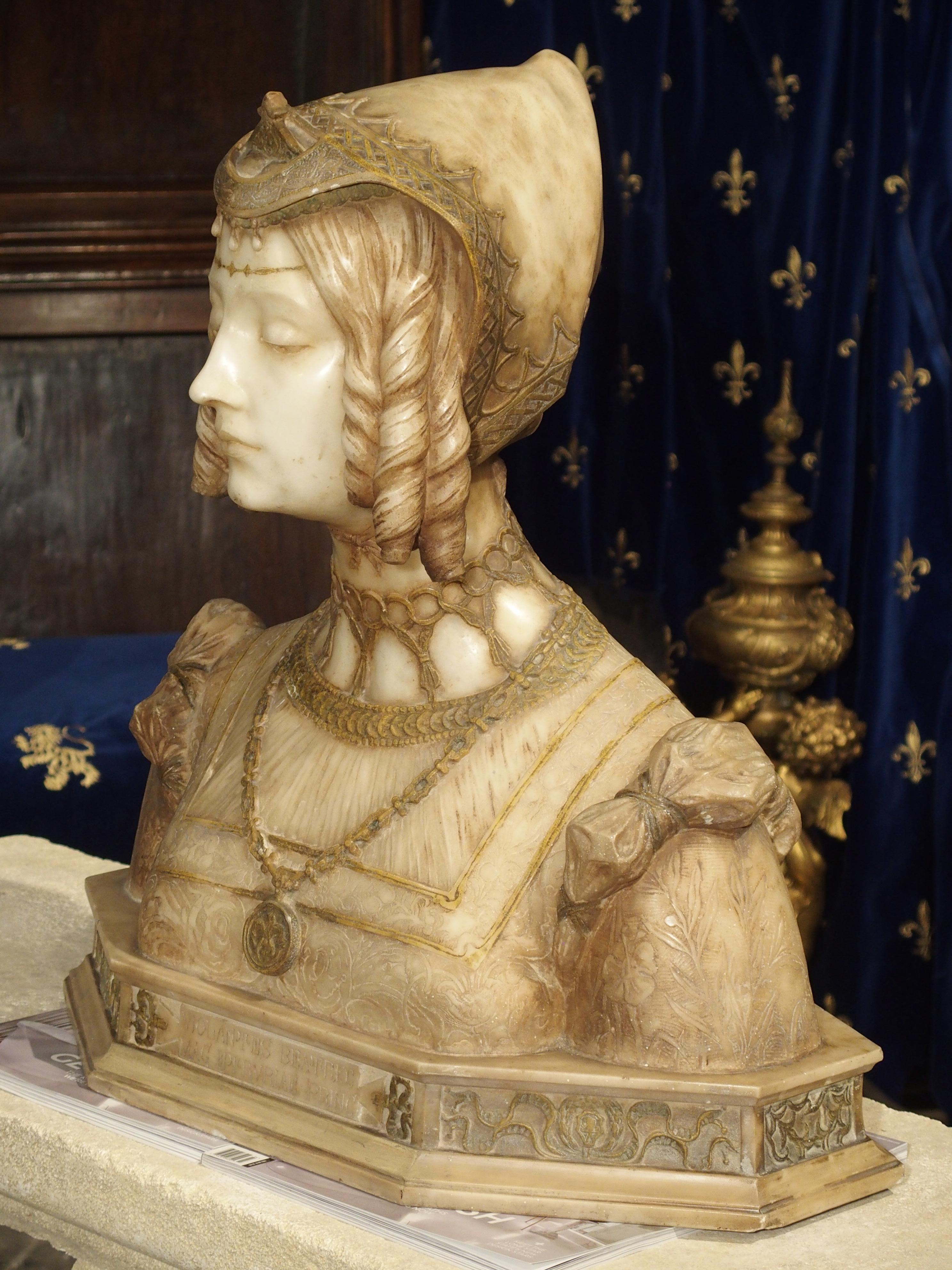 Hand-Carved Antique Italian Alabaster Bust of the Grand Princess of Tuscany, circa 1890