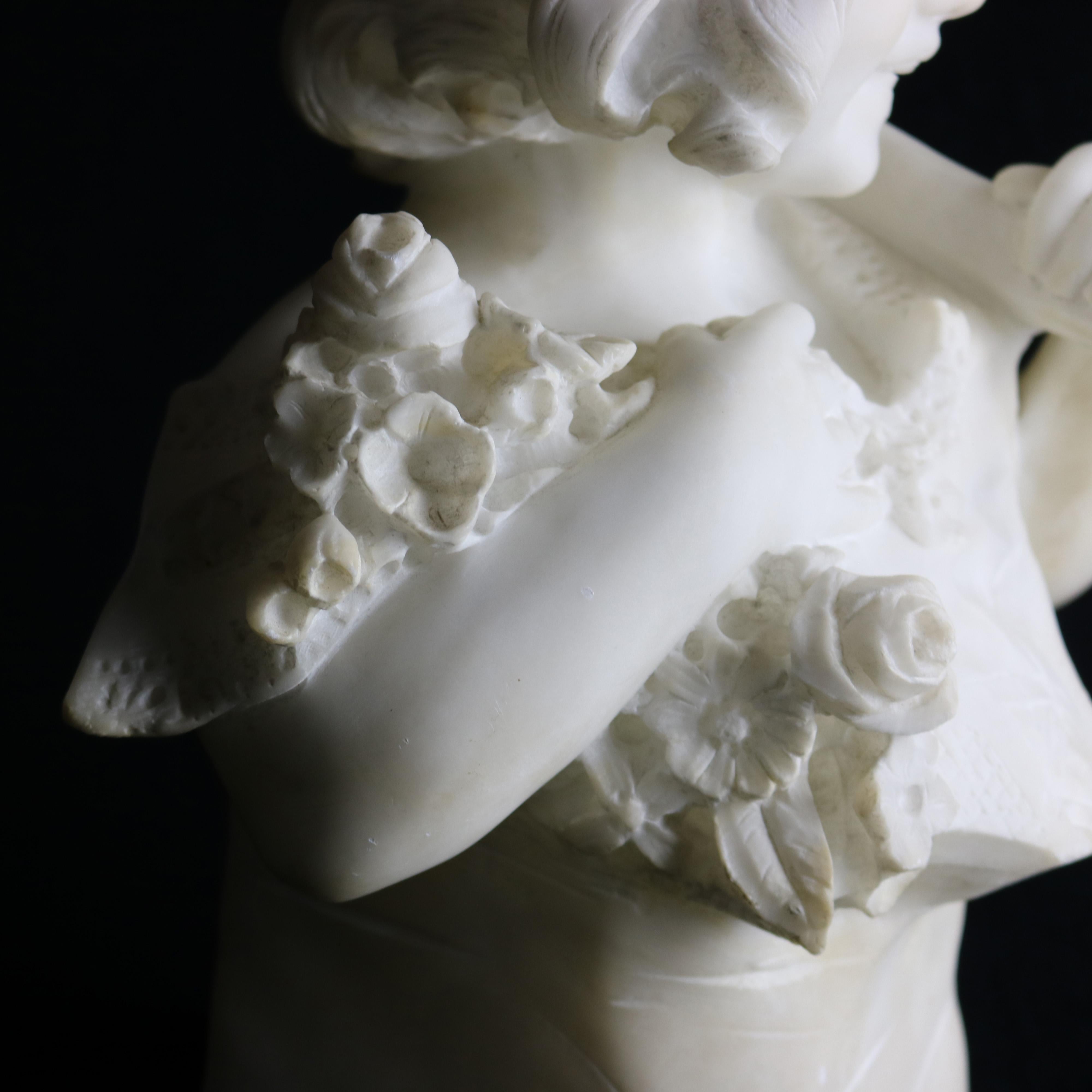 Large Italian Alabaster Bust Sculpture of Girl w. Flowers by D. Zoi, circa 1890 6
