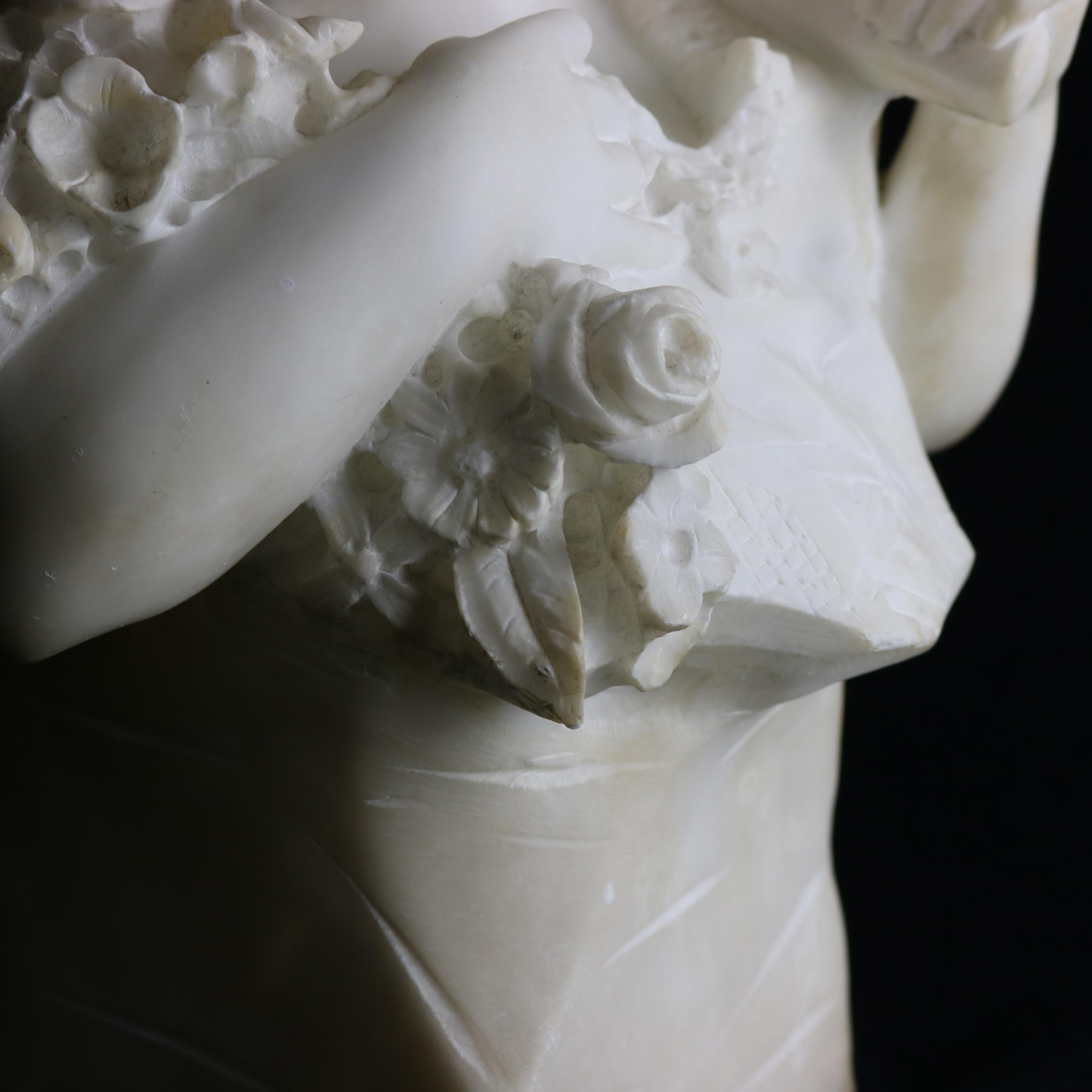 Large Italian Alabaster Bust Sculpture of Girl w. Flowers by D. Zoi, circa 1890 7