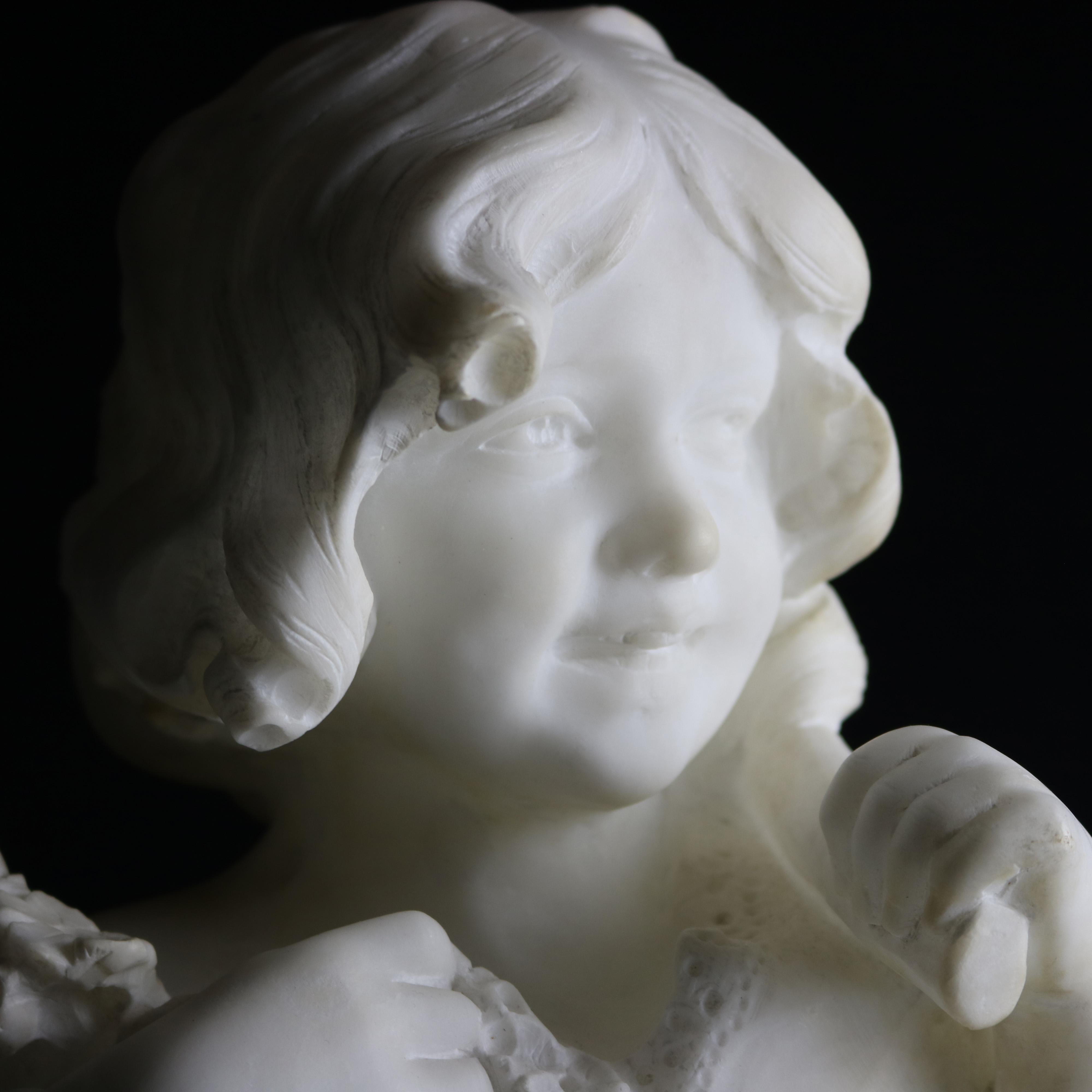 Large Italian Alabaster Bust Sculpture of Girl w. Flowers by D. Zoi, circa 1890 10