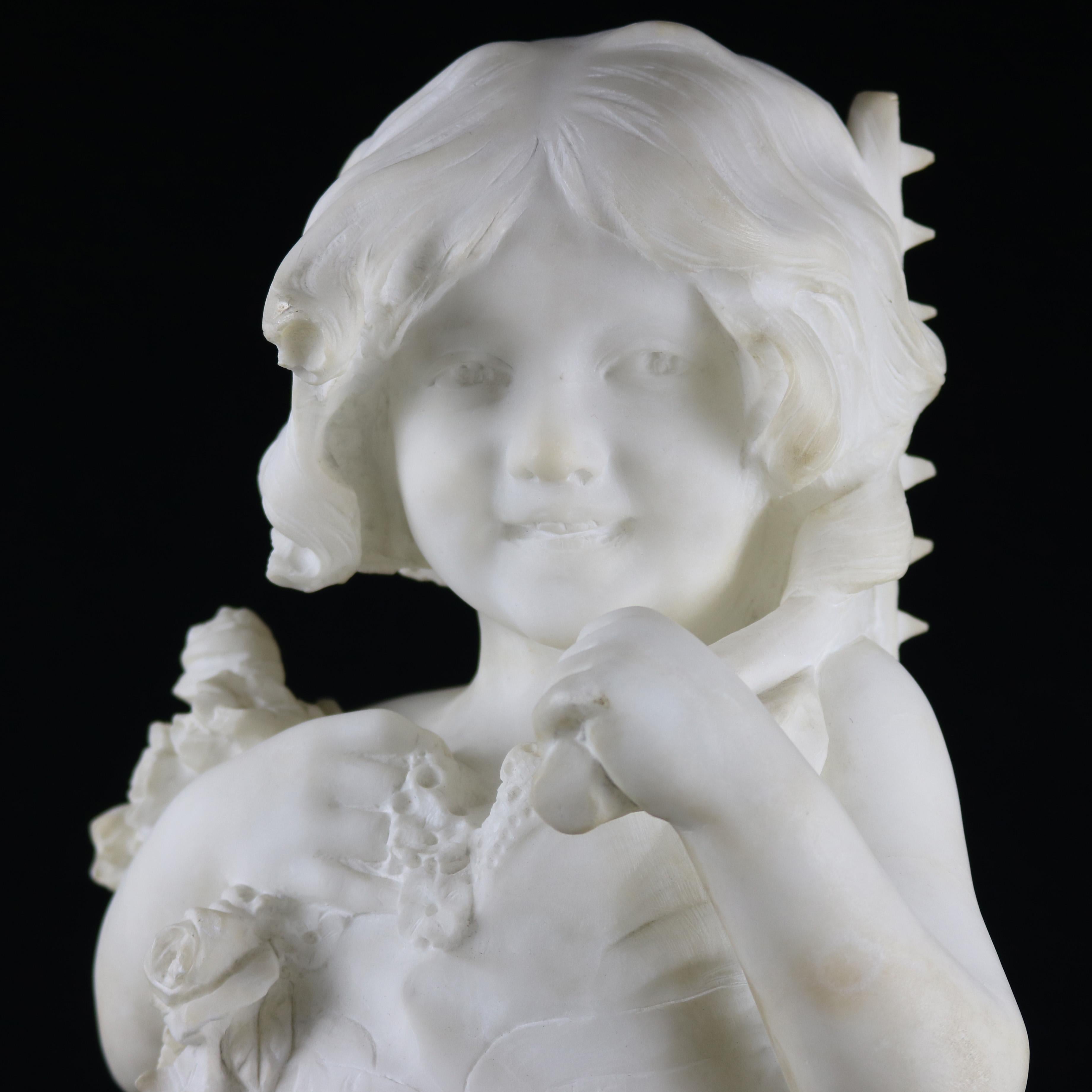 An antique and large Italian highly detailed carved alabaster sculpture by Dante Zoi (Italian, 1880-1920) depicts a young girl with flowers and garden rake, signed D. Zoi Firenze as photographed, circa 1890.

Measures: 14.5
