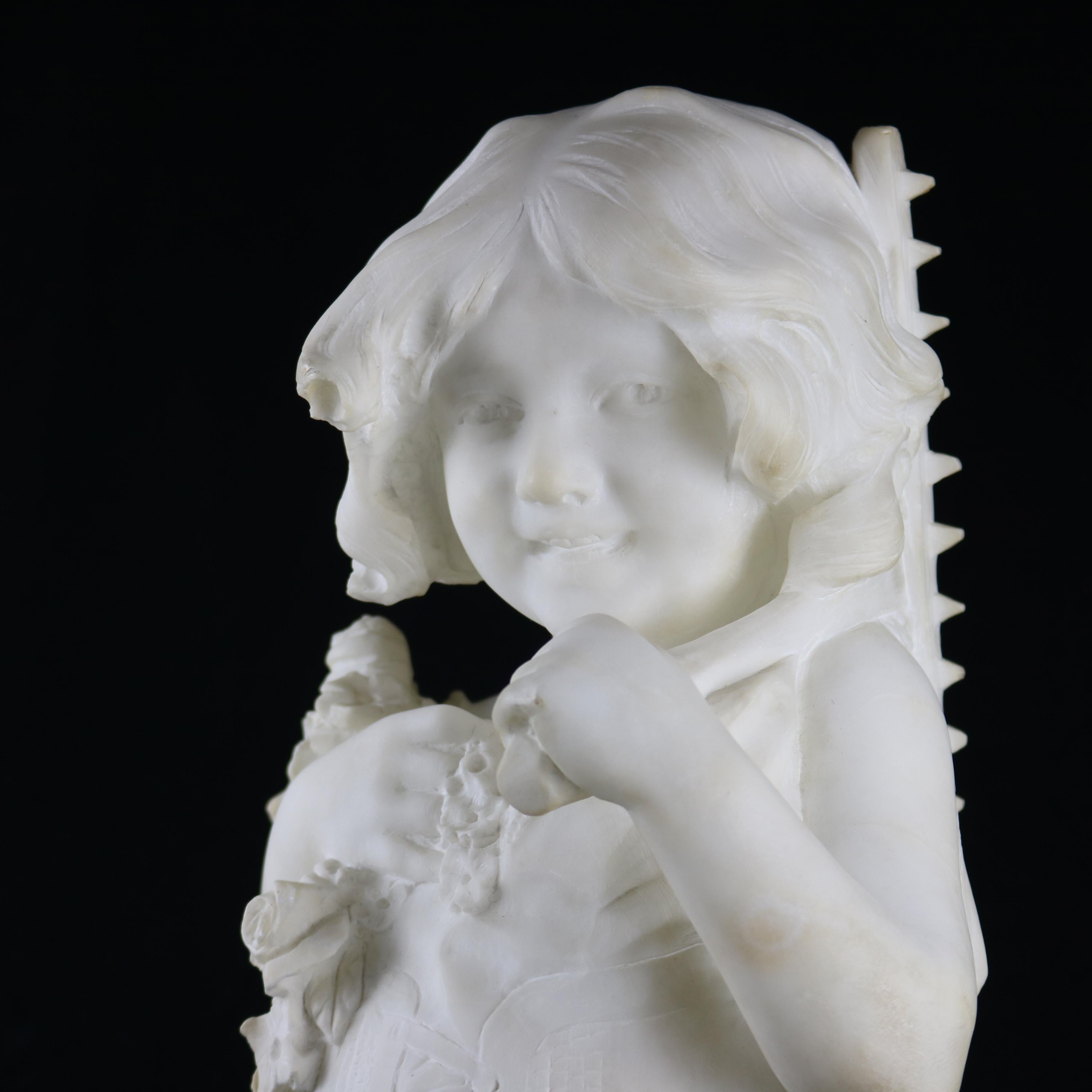 Victorian Large Italian Alabaster Bust Sculpture of Girl w. Flowers by D. Zoi, circa 1890