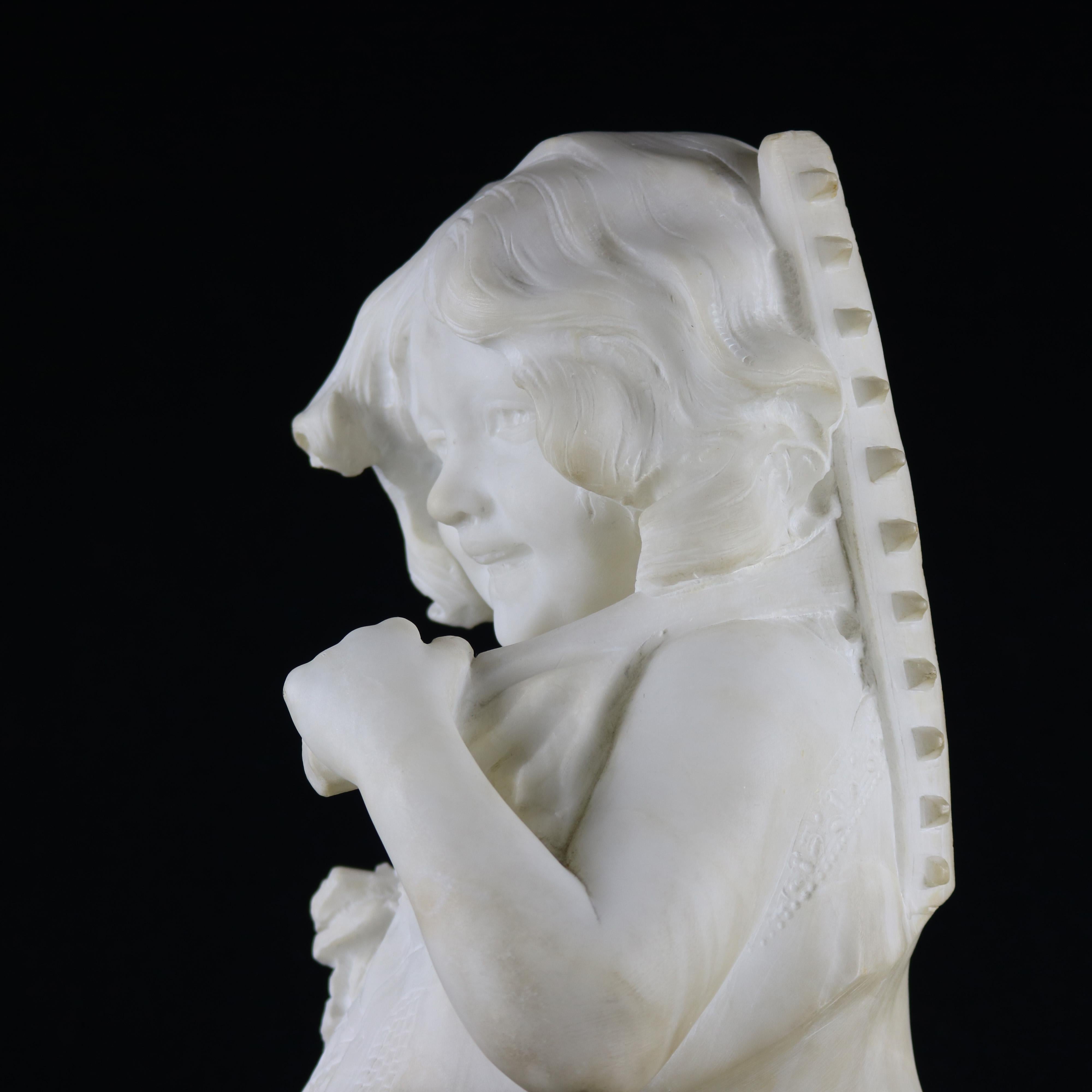 Carved Large Italian Alabaster Bust Sculpture of Girl w. Flowers by D. Zoi, circa 1890