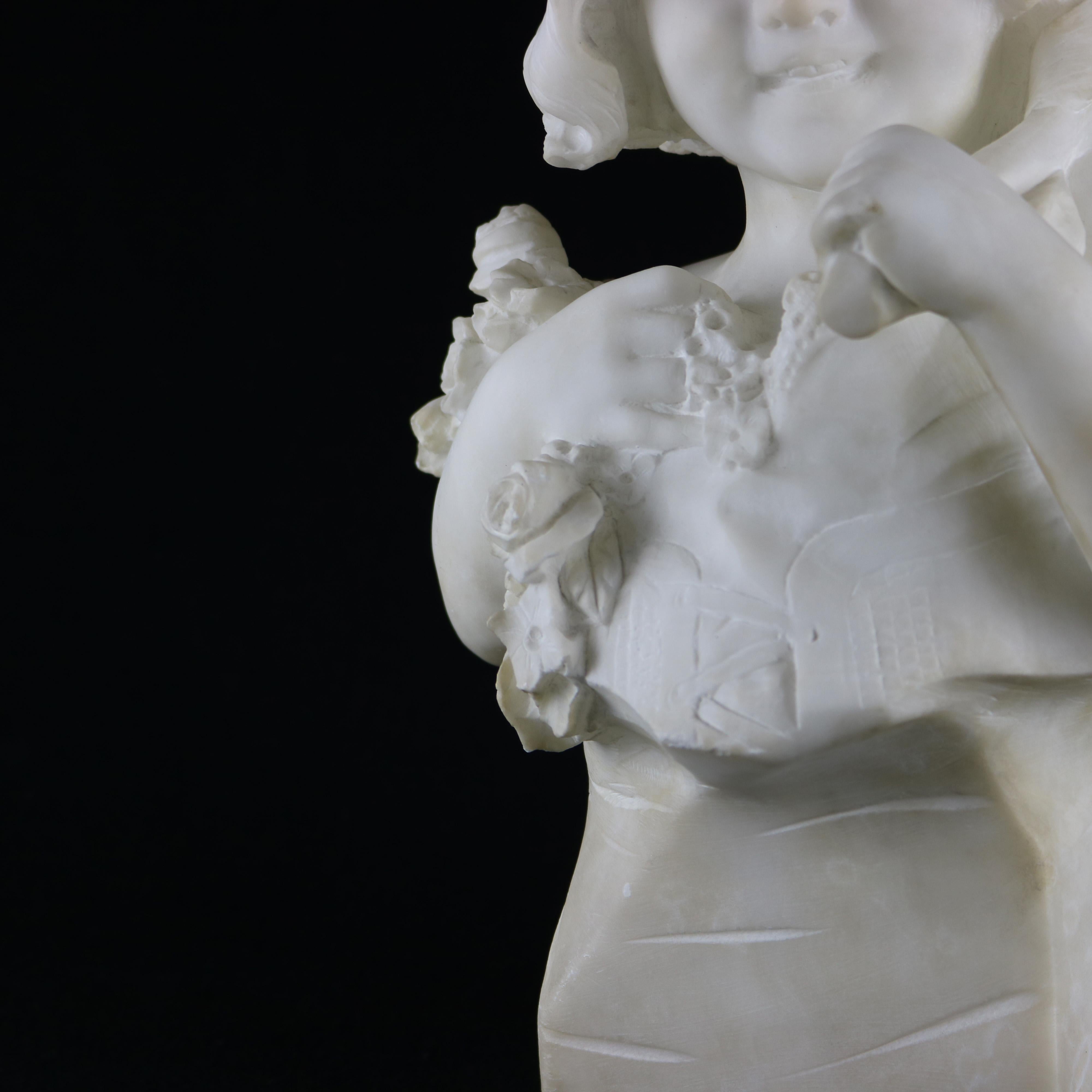 Large Italian Alabaster Bust Sculpture of Girl w. Flowers by D. Zoi, circa 1890 1