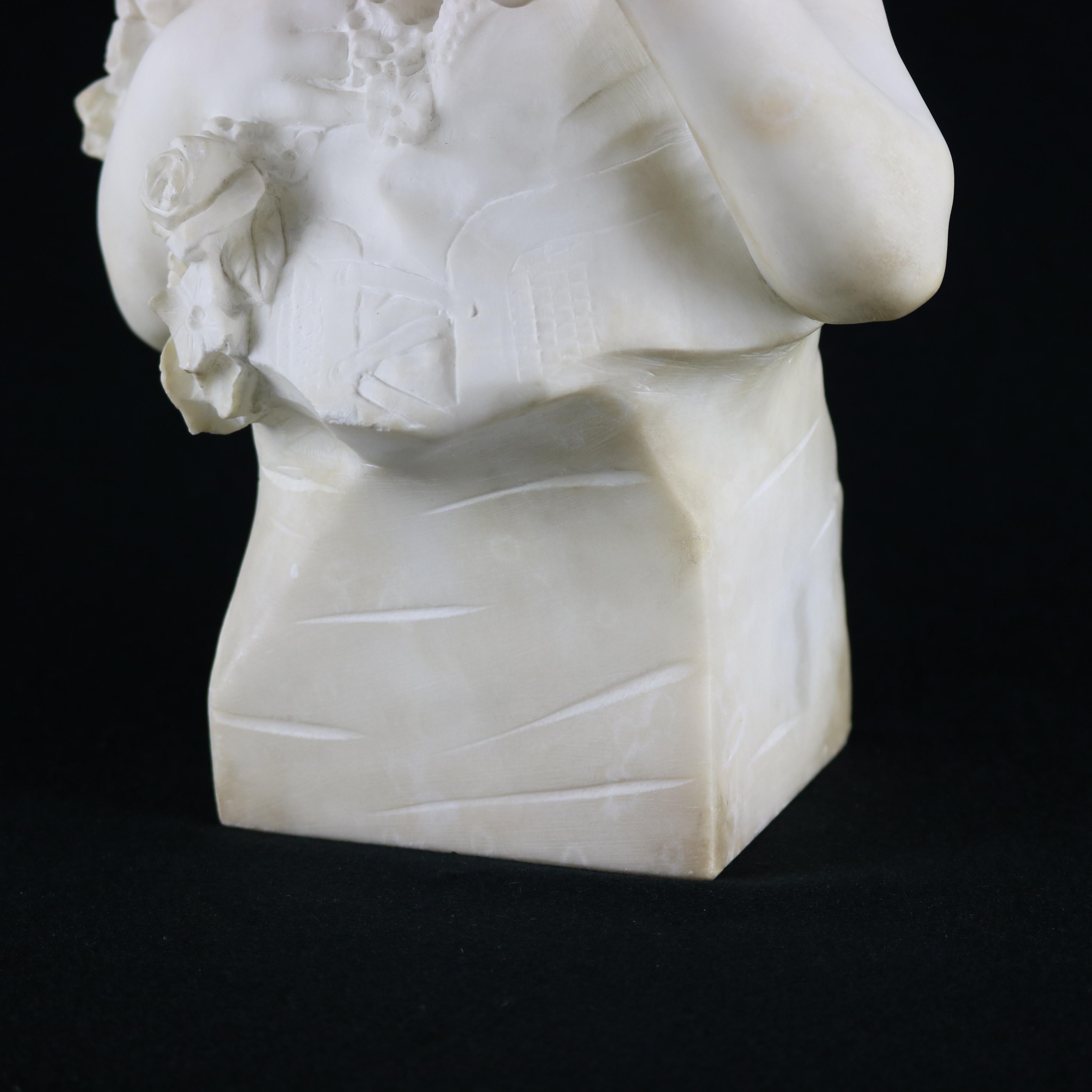 Large Italian Alabaster Bust Sculpture of Girl w. Flowers by D. Zoi, circa 1890 2