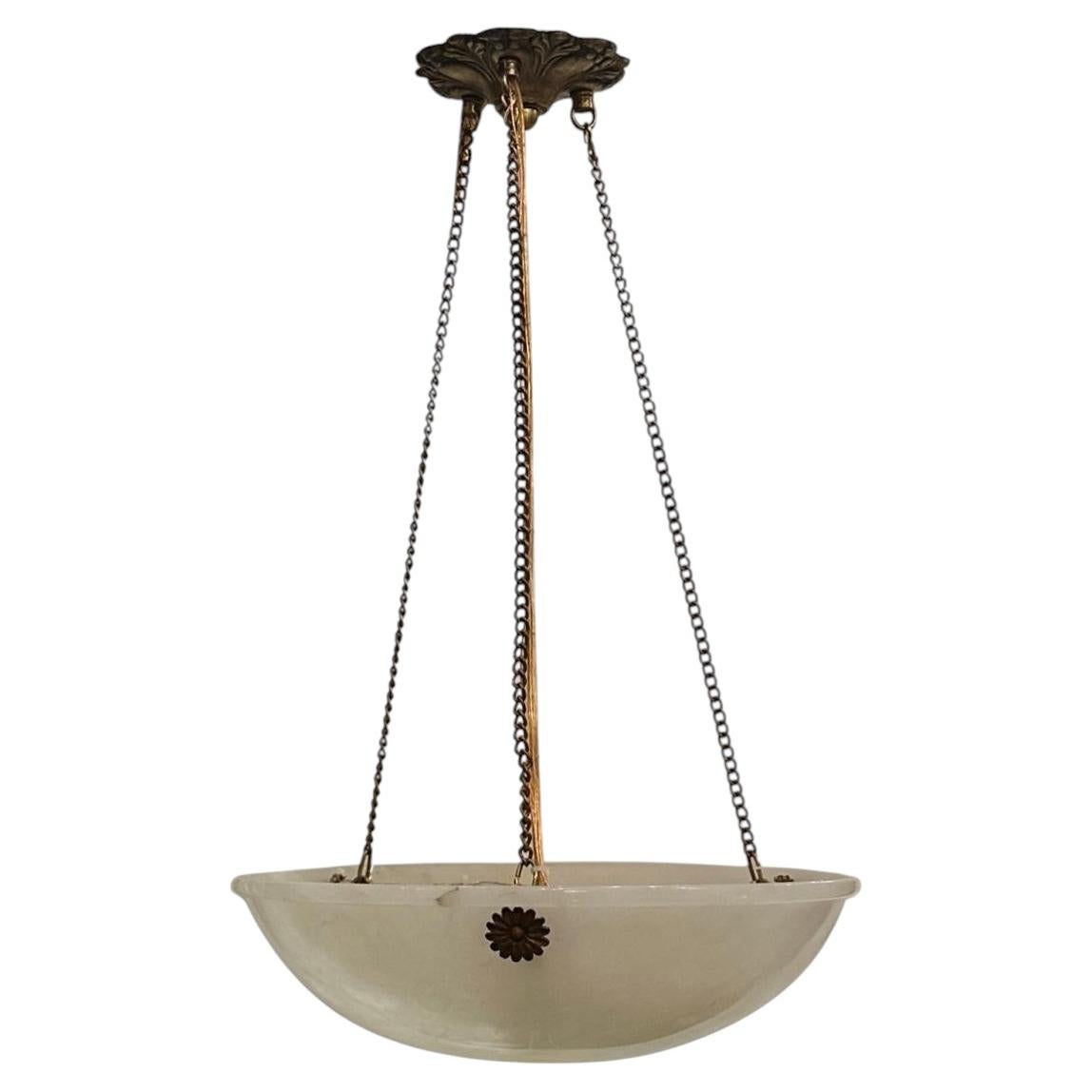 Antique Italian Alabaster Light Fixture with Bronze Chain