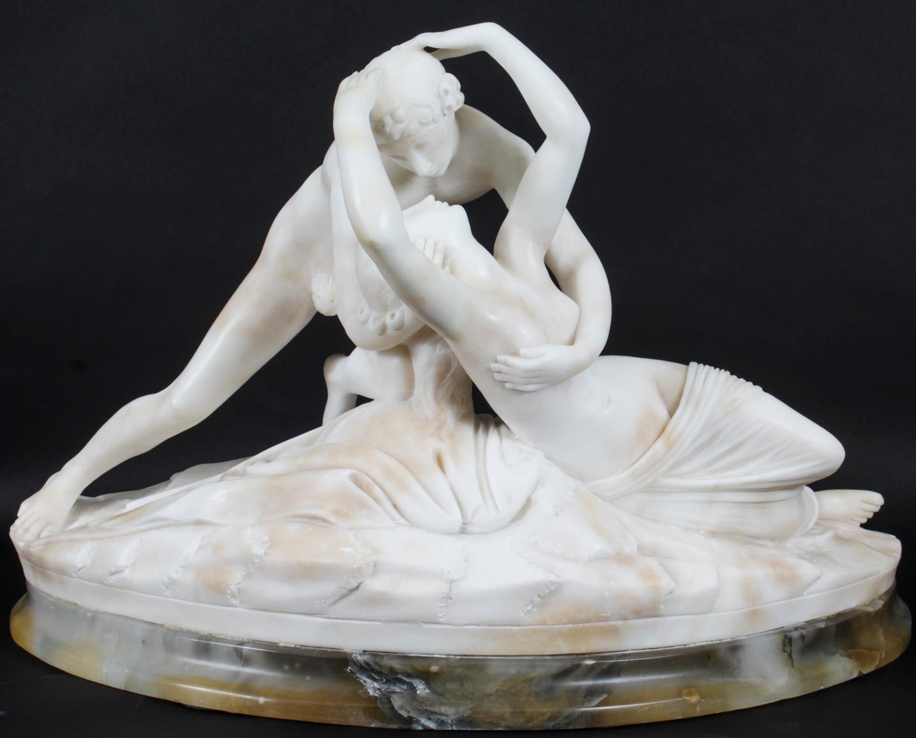 A lovely antique Italian carved alabaster sculpture, the lovers, after Antonio Canova, circa 1870 in date.

The beautiful sculpture is made from stunning white alabaster on an onyx base, and depicts a pair of embracing lovers. 

The attention to