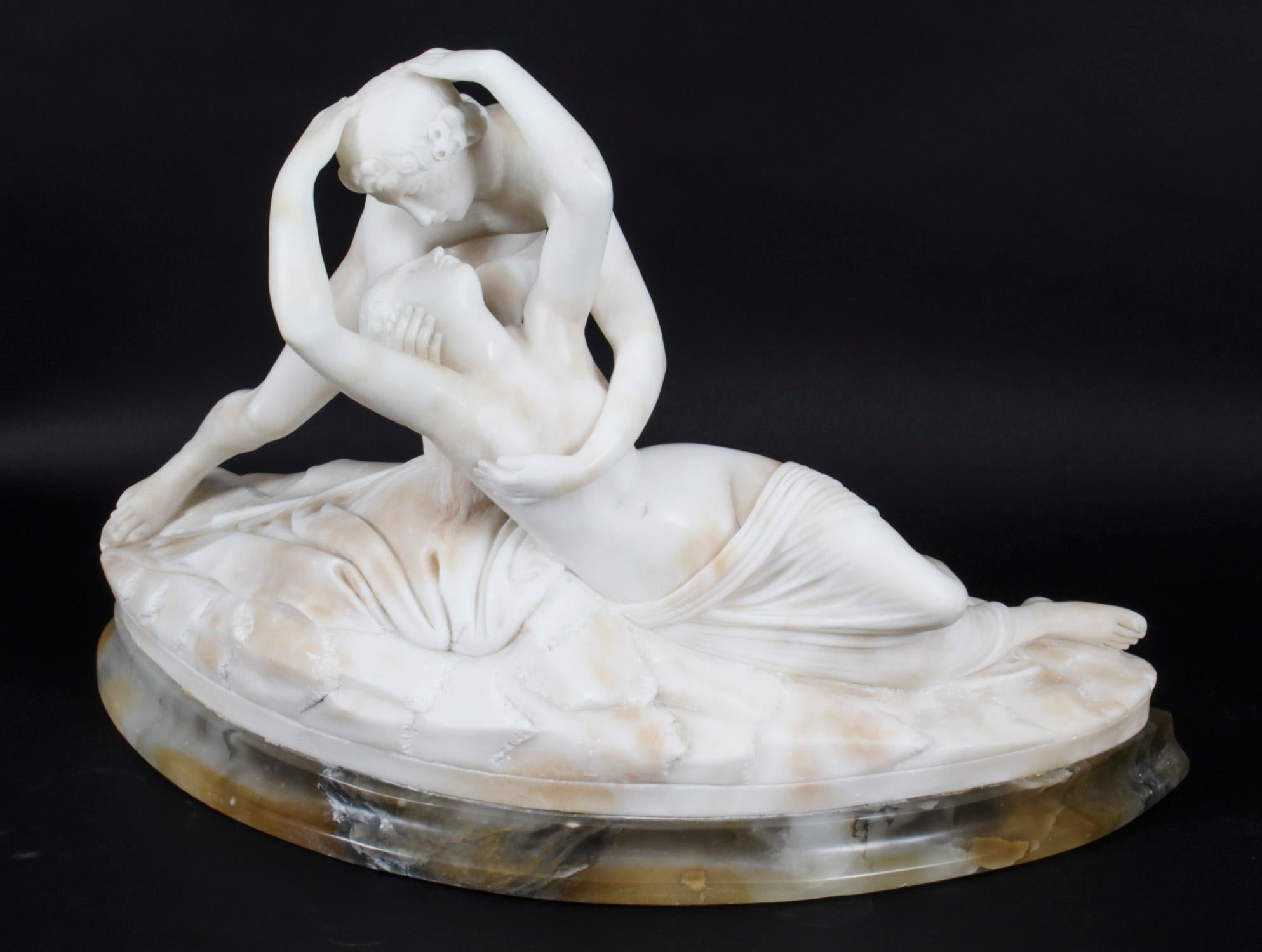 Onyx Antique Italian Alabaster Lovers Sculpture after Canova, 19th Century