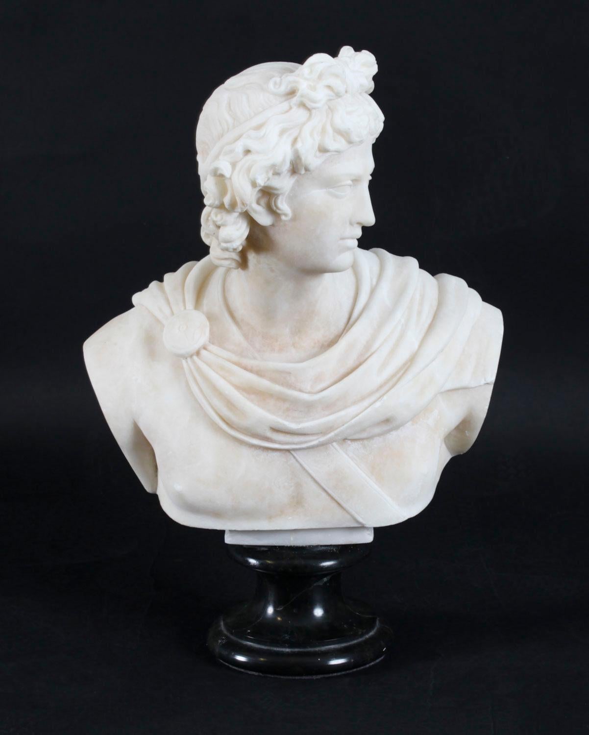 A beautifully sculpted Italian alabaster bust of the famous Greek god Apollo of Belvedere, on a green serpentine marble socle stand, circa 1870 in date.

This beautifully carved alabaster bust was created in Italy during the 19th Century. The bust