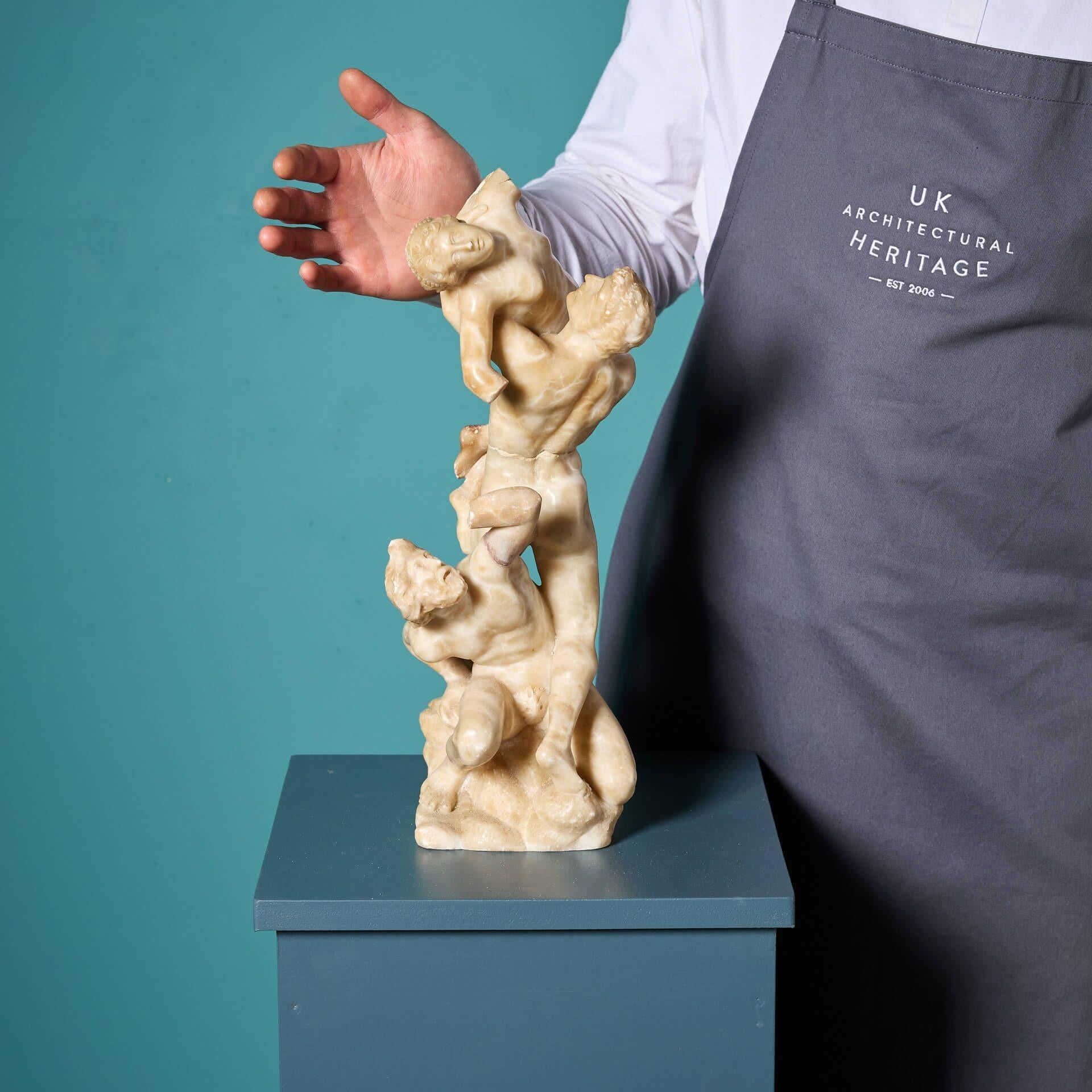 A striking Italian alabaster sculpture of the Abduction of the Sabine Women, also known as Giambologna, after the antique by Jean de Boulogne.

This Grand Tour style piece has a beautiful time worn look while showcasing the detailed features of the