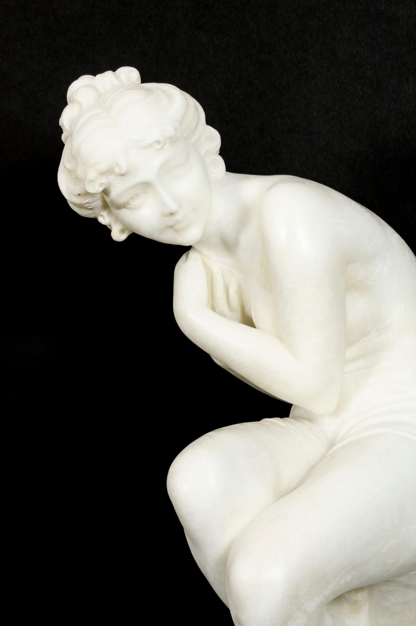 This is a splendid antique Italian carved alabaster sculpture of a naked maiden, circa 1880 in date. 
 
This finely carved sculpture depicts a beautiful young naked maiden, she is exquisitely modelled sitting on a rocky outcrop.
 
The