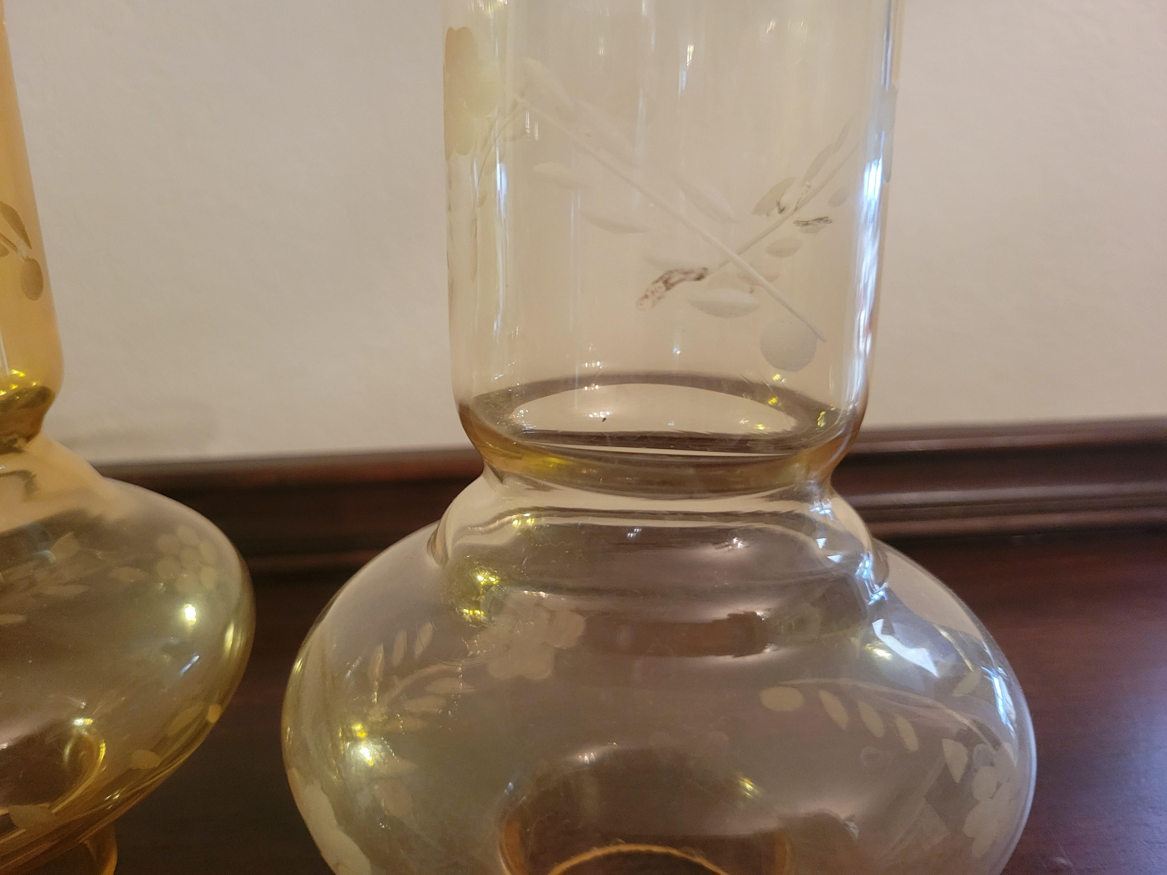 Etched Antique Italian Amber Glass Hurricane Shades with 2