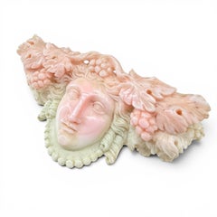 Antique Italian Angel Skin Coral Bacchante Mask Brooch in 15k Gold